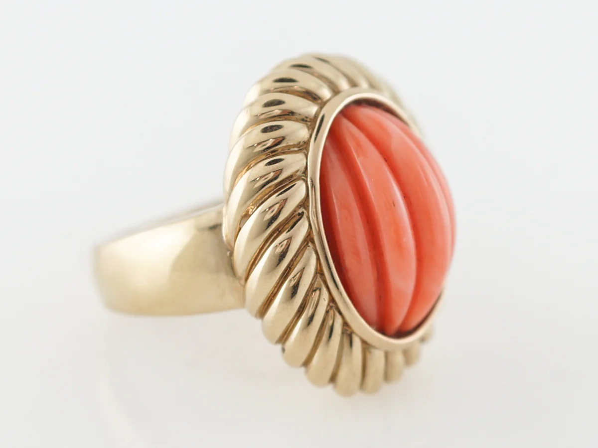 1960's Carved Coral Right Hand Ring in 14k Yellow Gold - Image 3