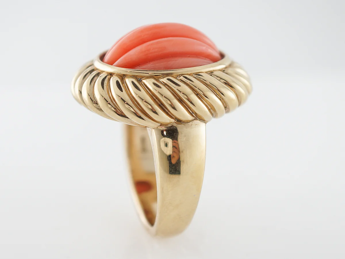 1960's Carved Coral Right Hand Ring in 14k Yellow Gold - Image 4