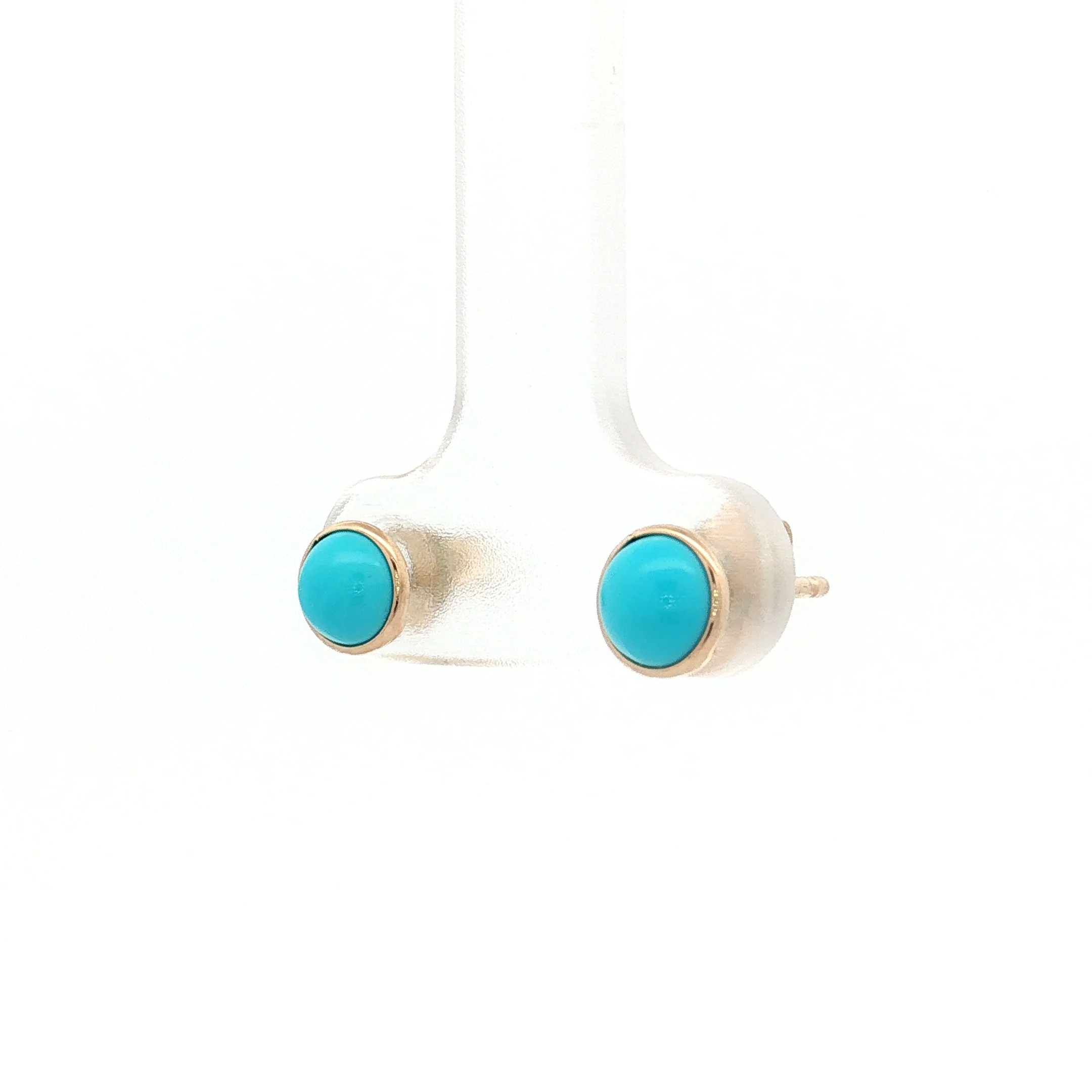 2.00 Cabochon Turquoise Stud Earrings 14k Yellow Gold - Image 2