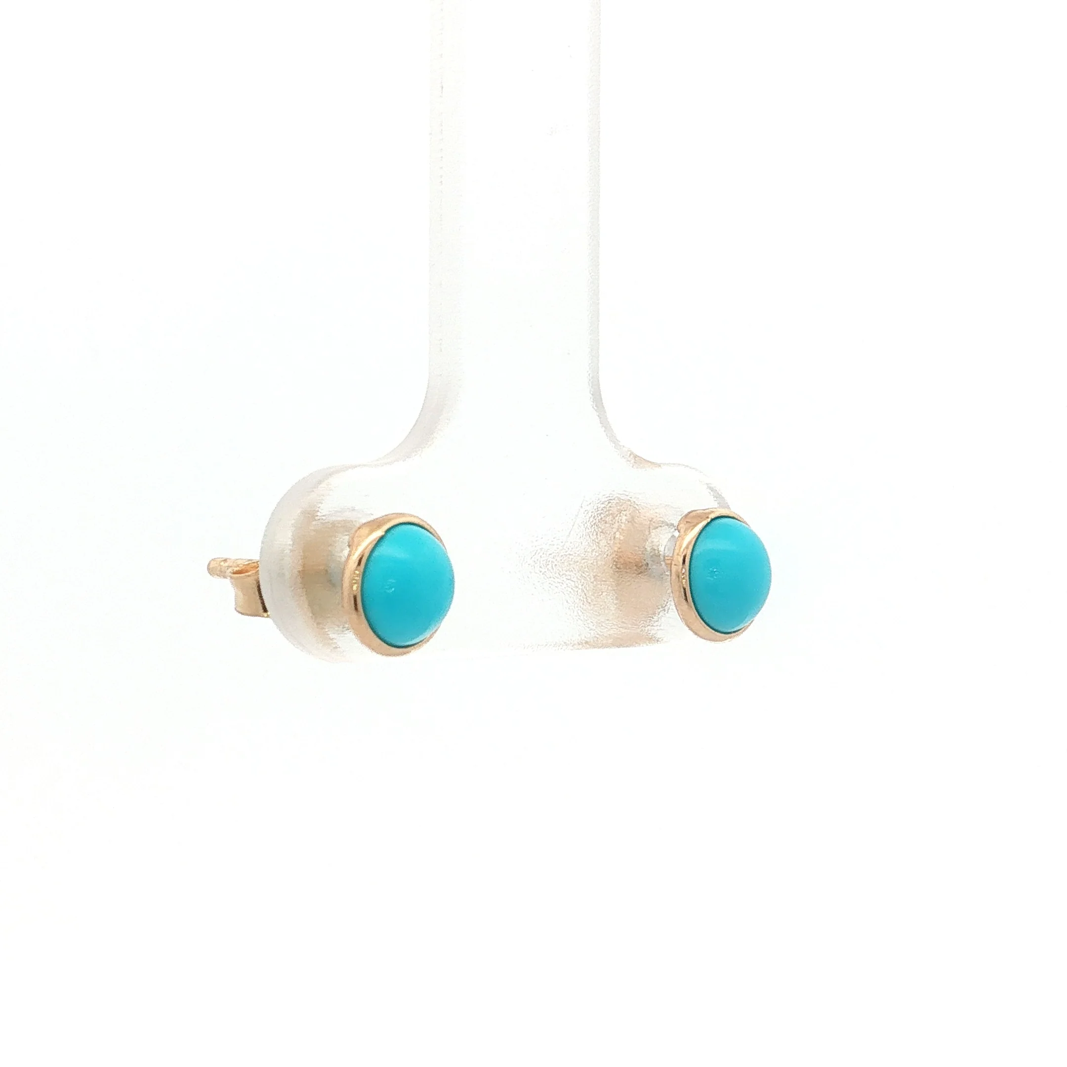 2.00 Cabochon Turquoise Stud Earrings 14k Yellow Gold - Image 3