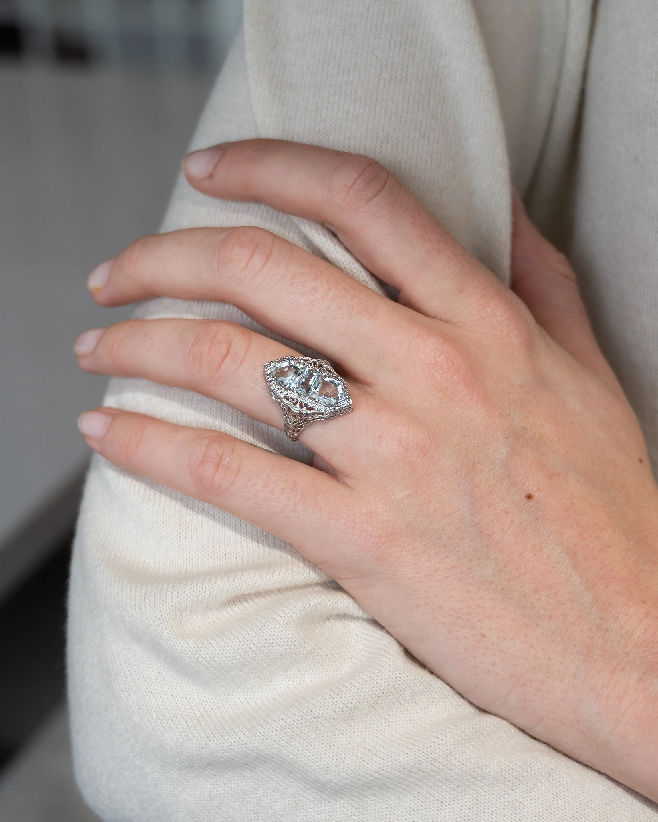 2.07 Art Deco Aquamarine Cocktail Ring 14k White Gold - Image 9
