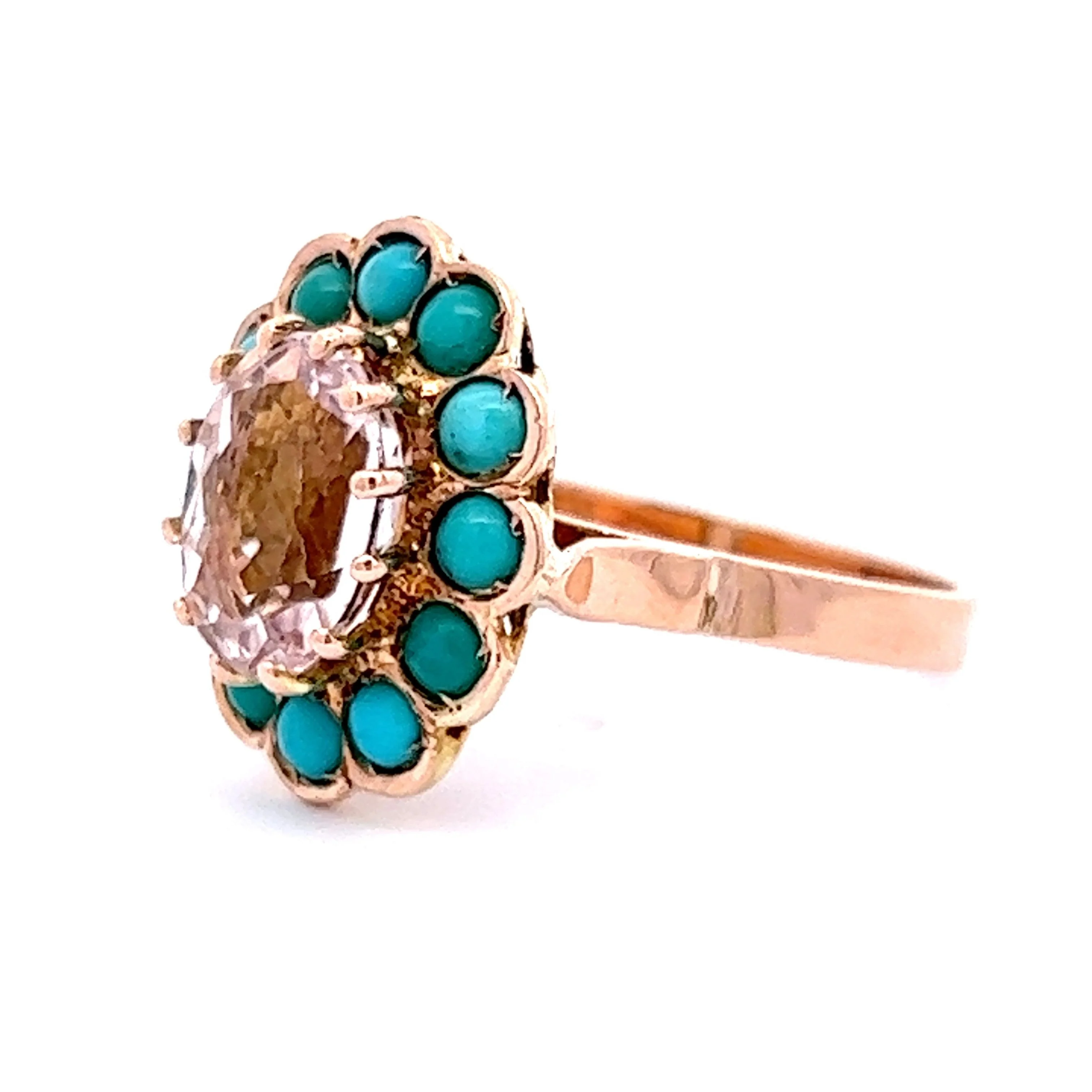 2.08 Victorian Oval Morganite & Turquoise Ring in 14k Yellow Gold - Image 2
