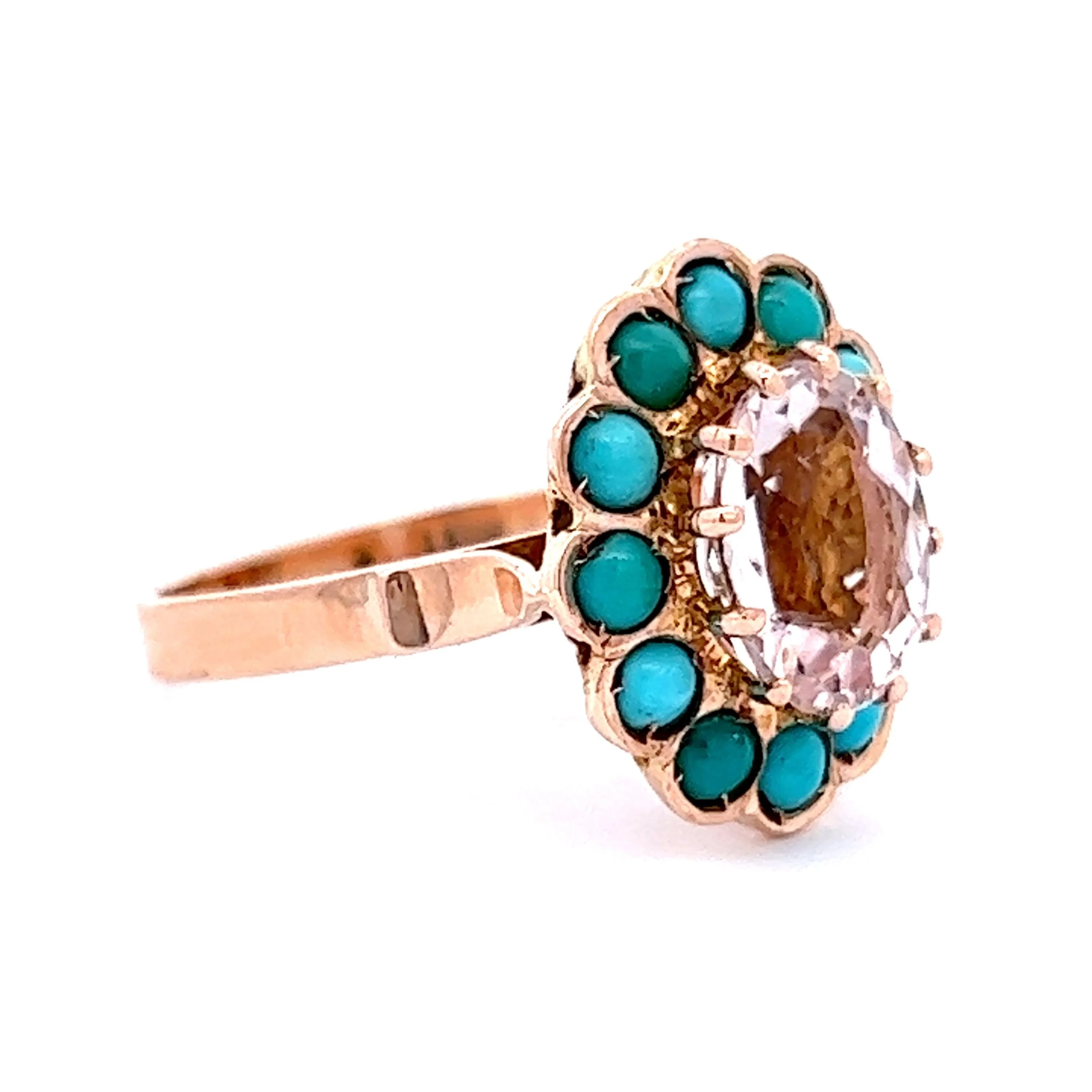 2.08 Victorian Oval Morganite & Turquoise Ring in 14k Yellow Gold - Image 3