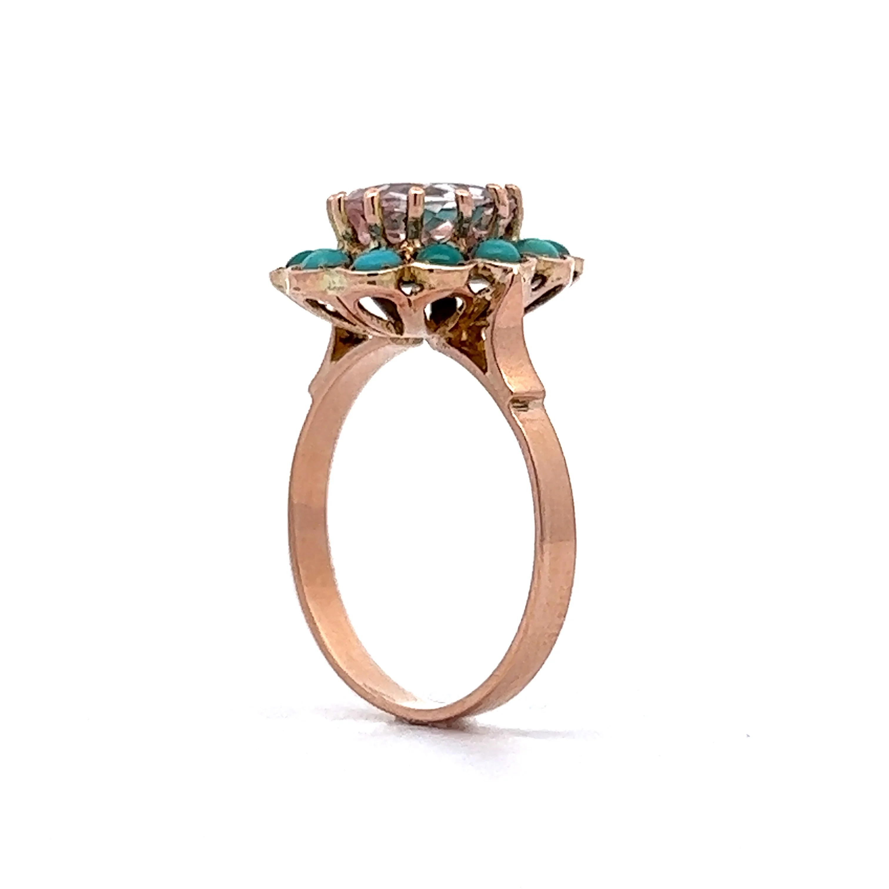 2.08 Victorian Oval Morganite & Turquoise Ring in 14k Yellow Gold - Image 5