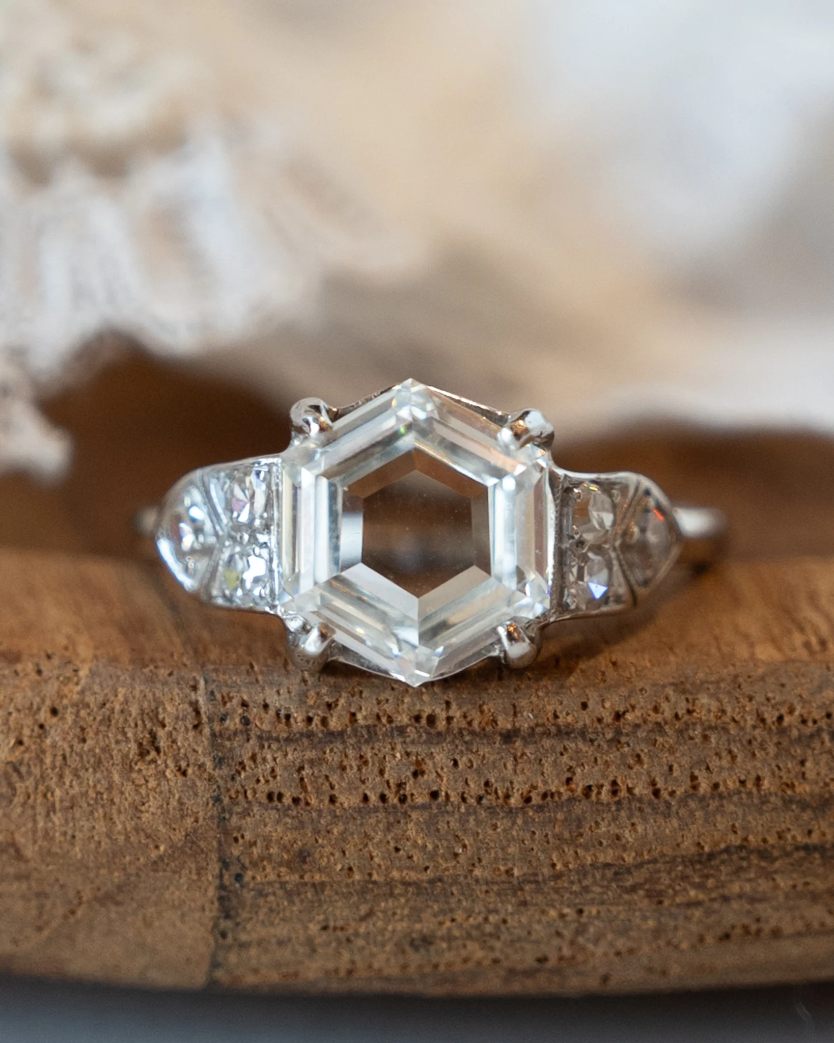 2.17 Vintage Deco Hexagon Diamond Engagement Ring Platinum - Image 6