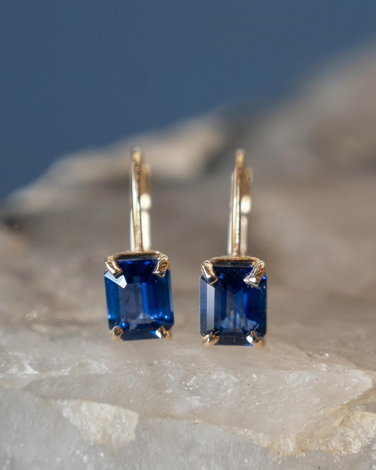 2.18 Emerald Cut Sapphire Drop Earrings 14k - Image 4