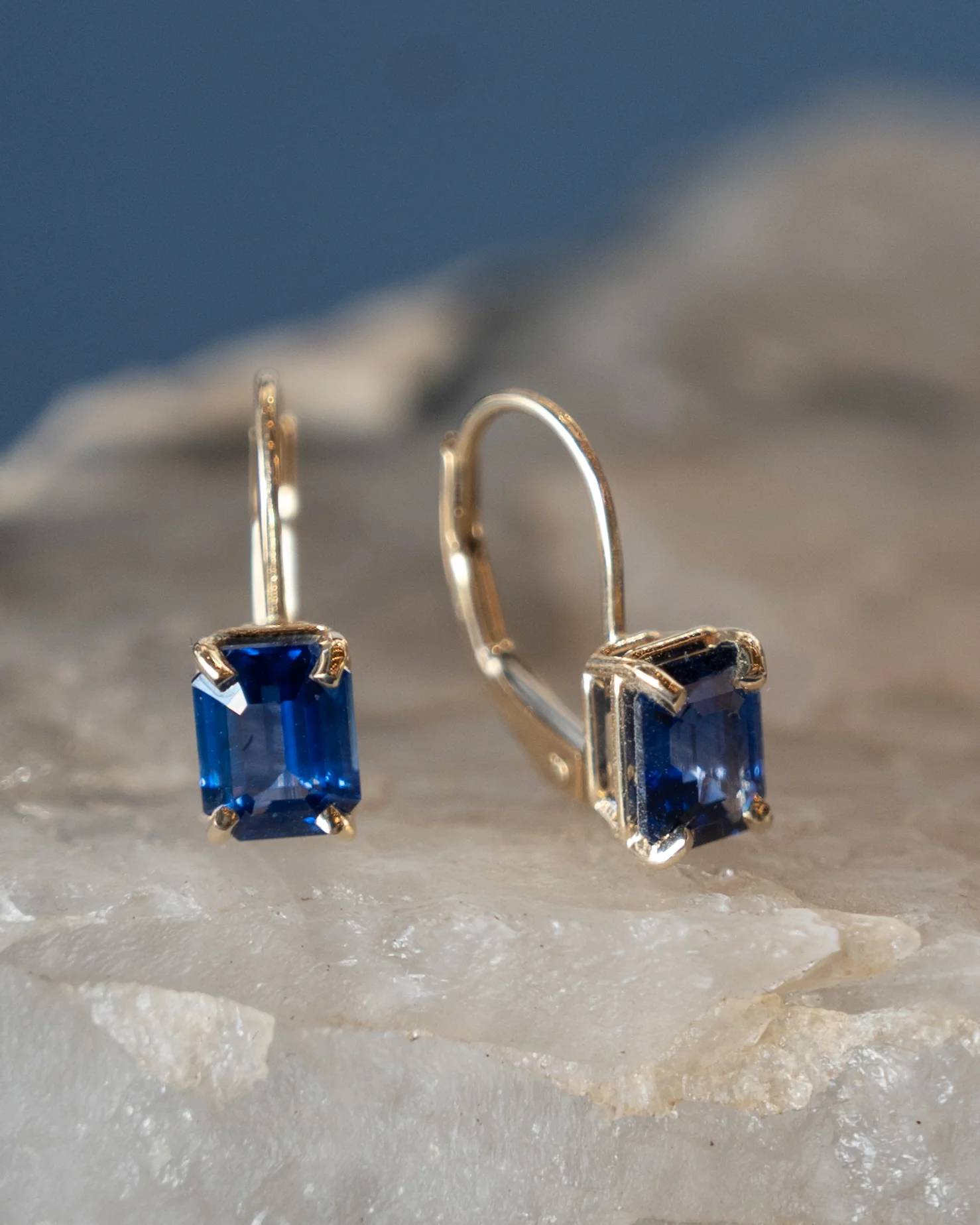 2.18 Emerald Cut Sapphire Drop Earrings 14k - Image 5