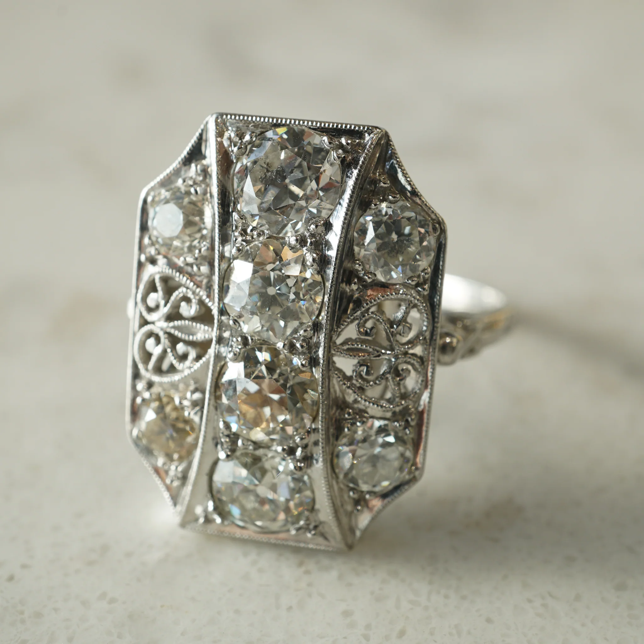 2.32 Art Deco Diamond Filigree Cocktail Ring in Platinum - Image 5