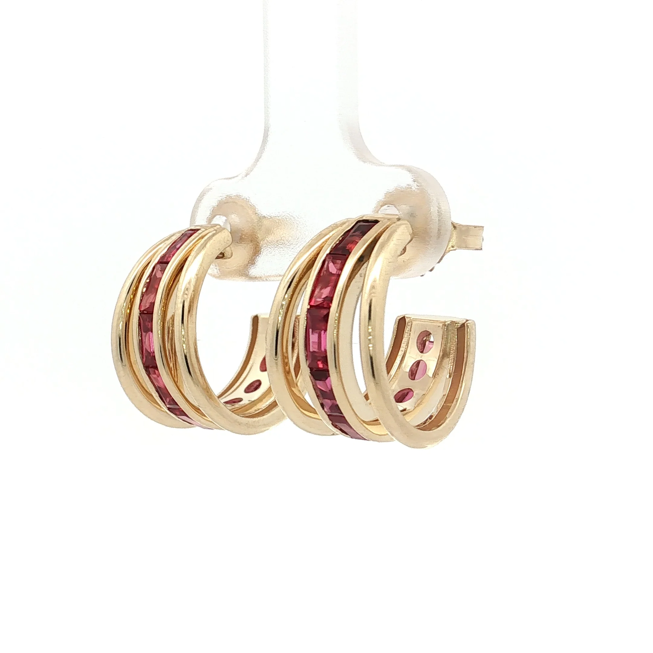 2.40 Square Ruby Triple Hoop Earrings 14k Yellow Gold - Image 2