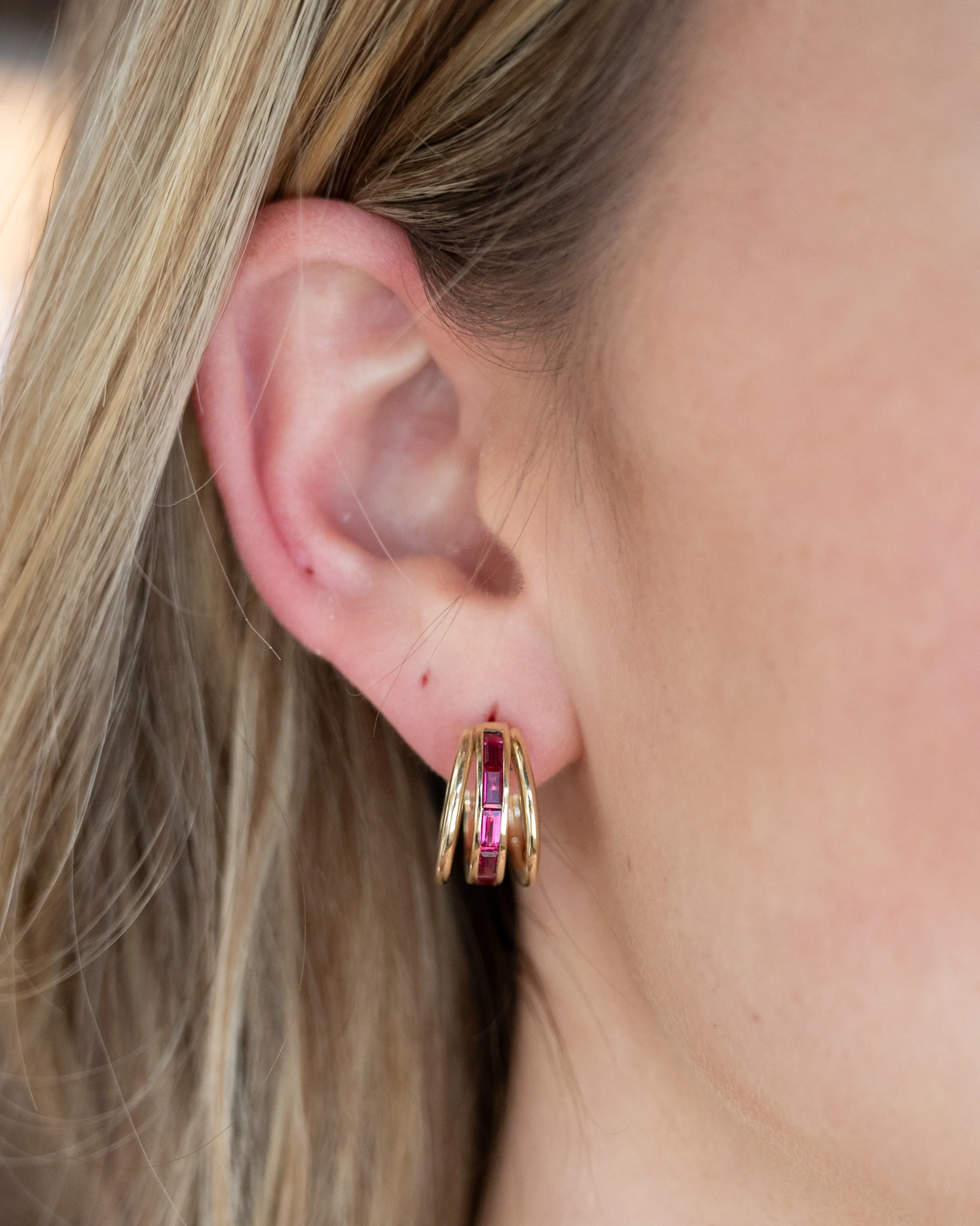 2.40 Square Ruby Triple Hoop Earrings 14k Yellow Gold - Image 4