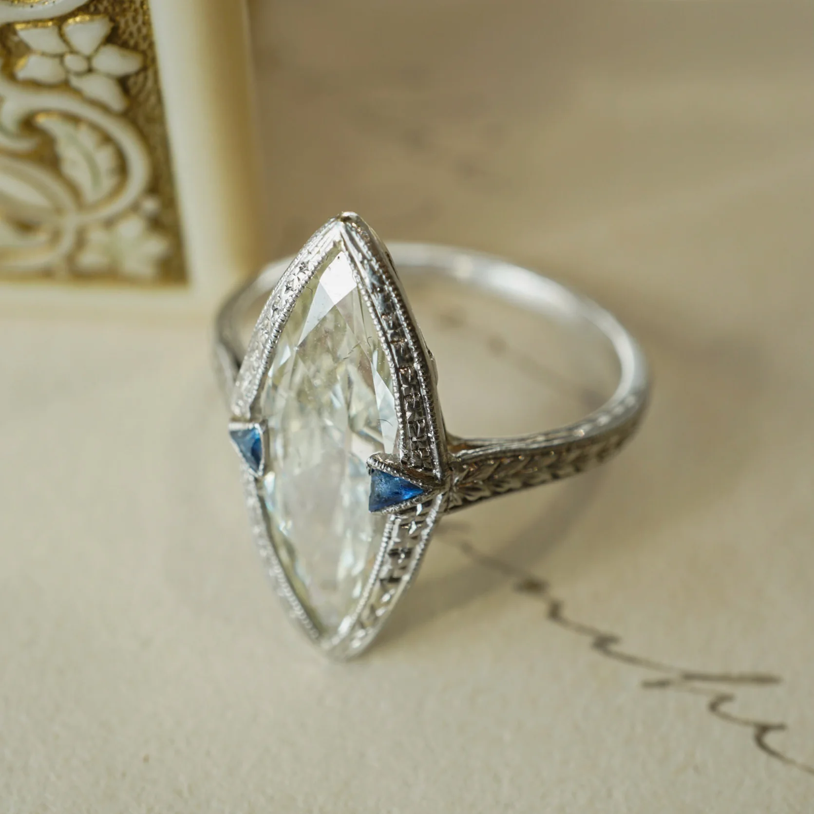 2.44 GIA Marquise Cut Diamond & Sapphire Ring in Platinum - Image 7