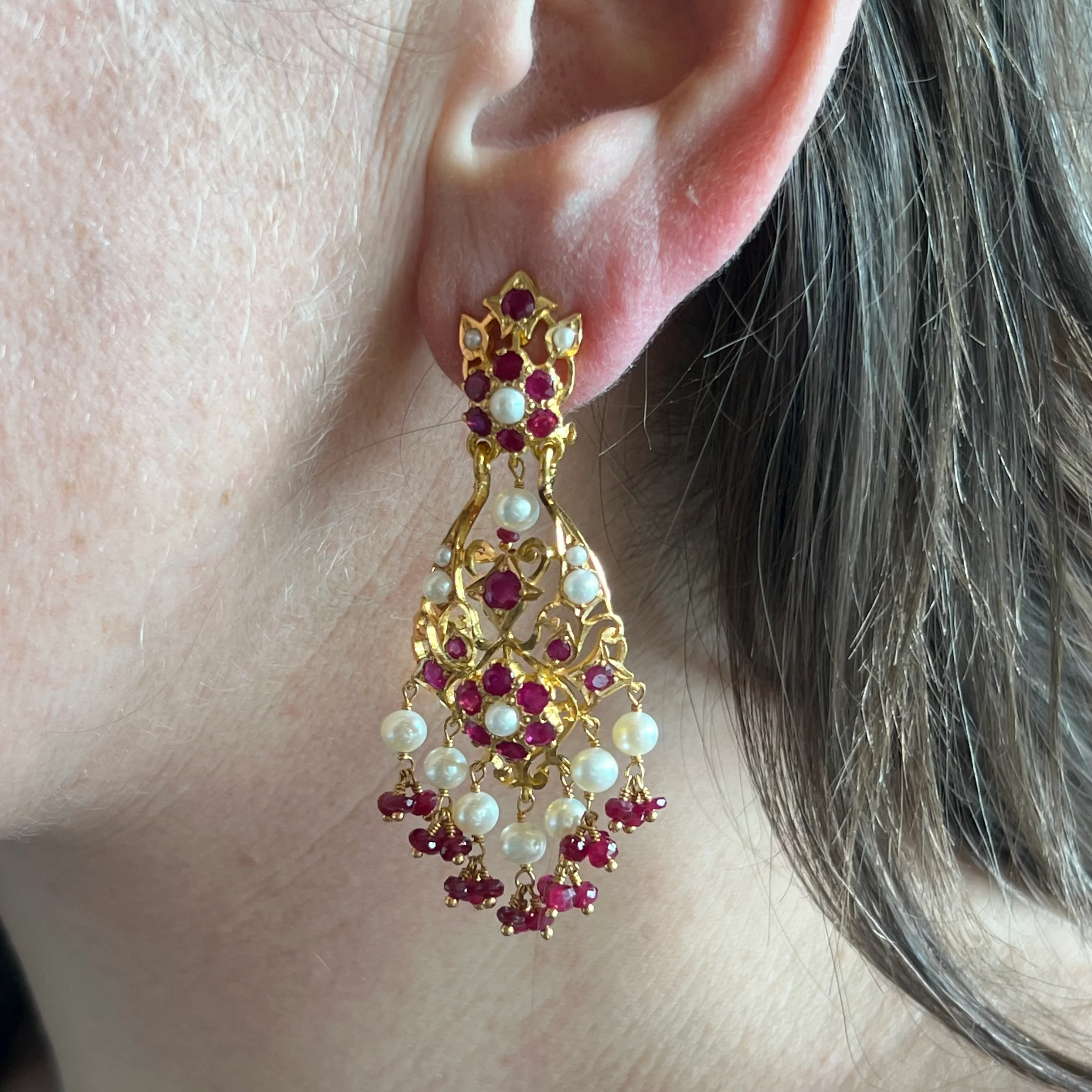 2.52 Ruby & Pearl Earrings in 22k Yellow Gold - Image 4