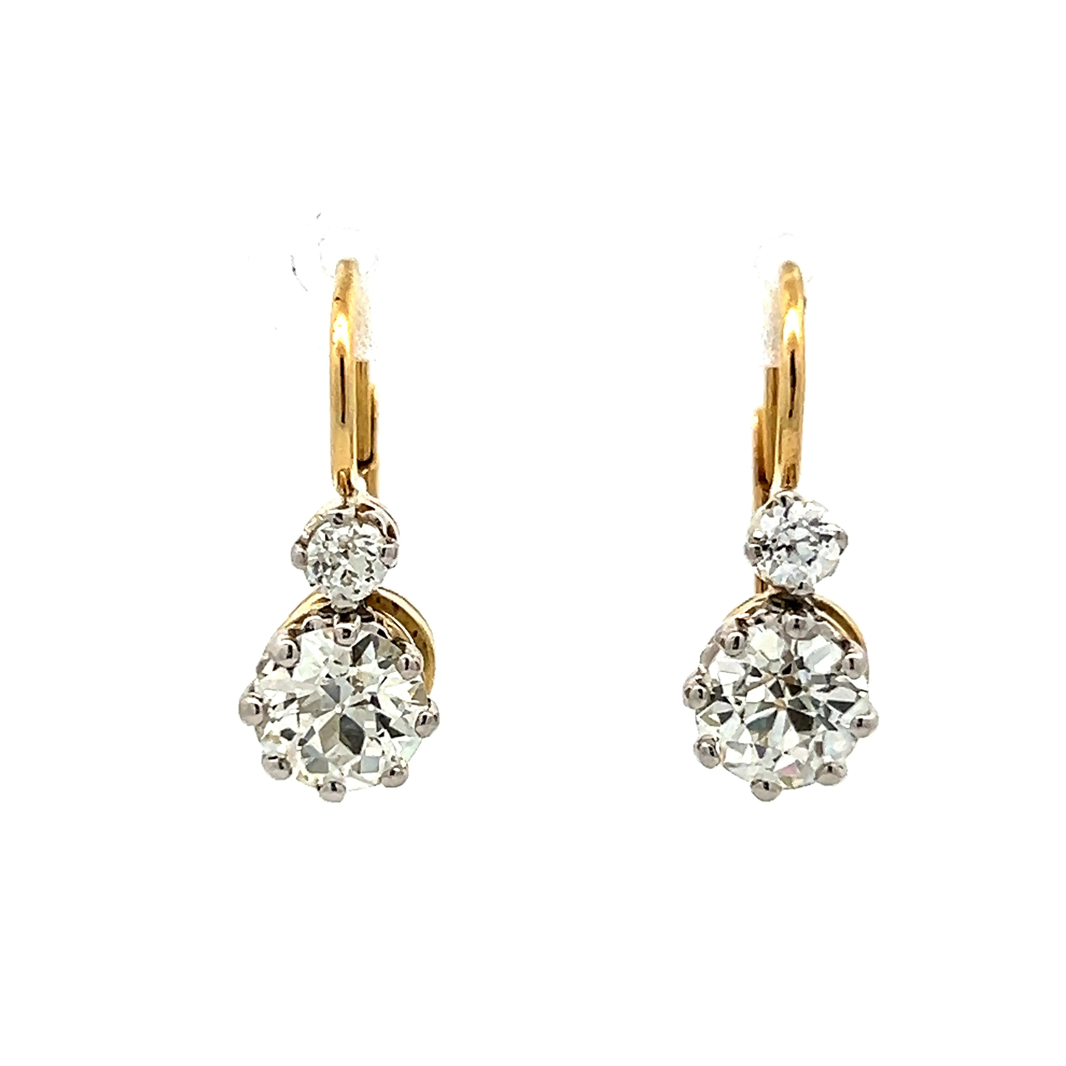 2.54 Vintage Diamond Drop Earrings in Yellow & White Gold