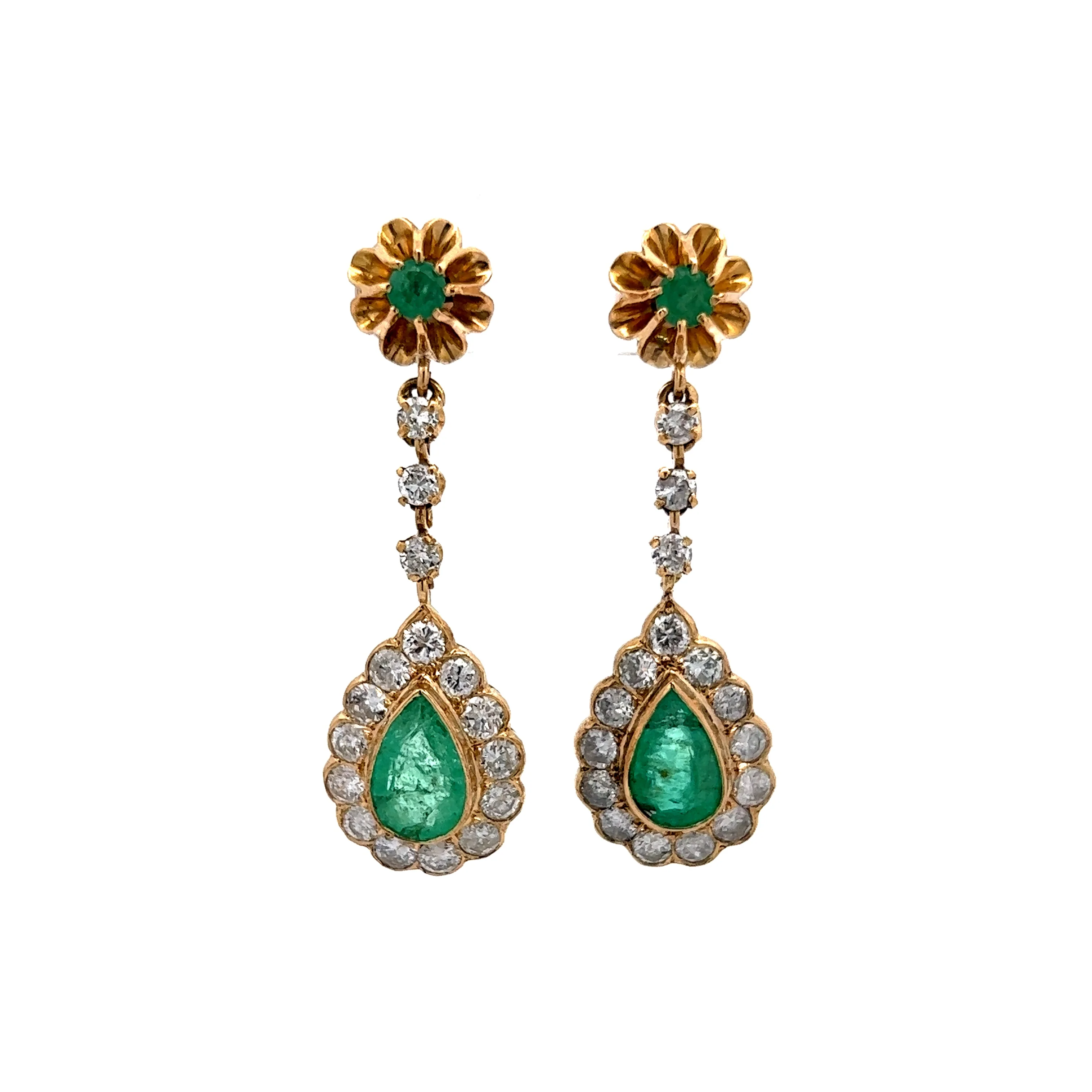 Vintage-Inspired Green Emerald & Diamond Drop Earrings in 14K Yellow Gold