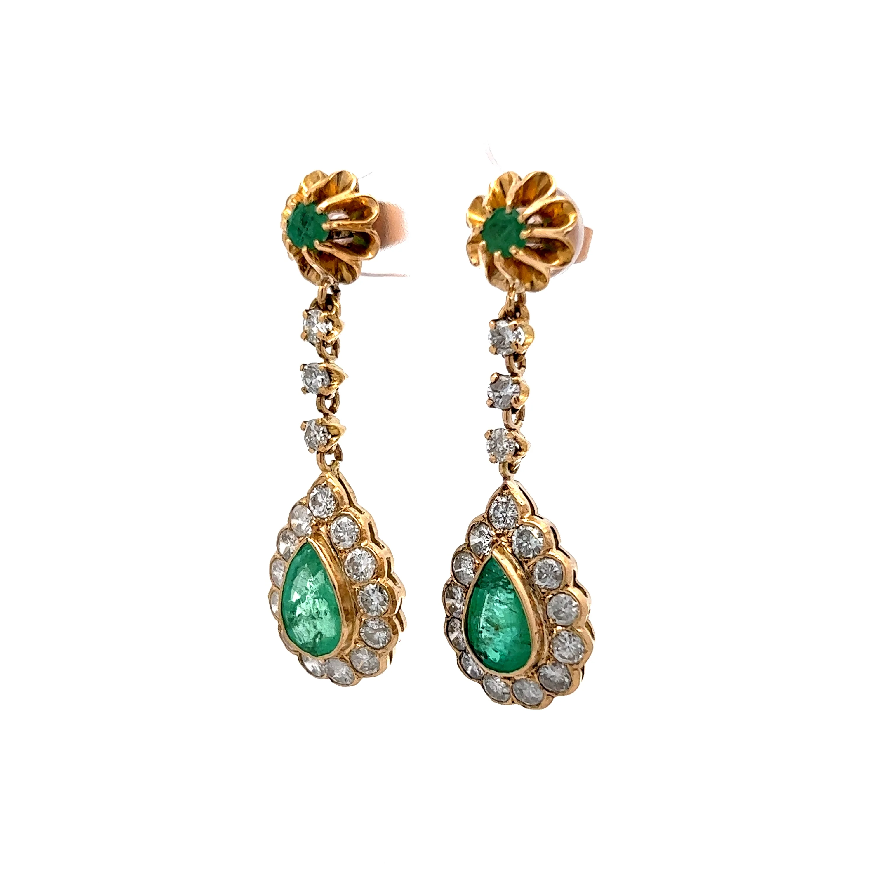 Vintage-Inspired Green Emerald & Diamond Drop Earrings in 14K Yellow Gold - Image 2