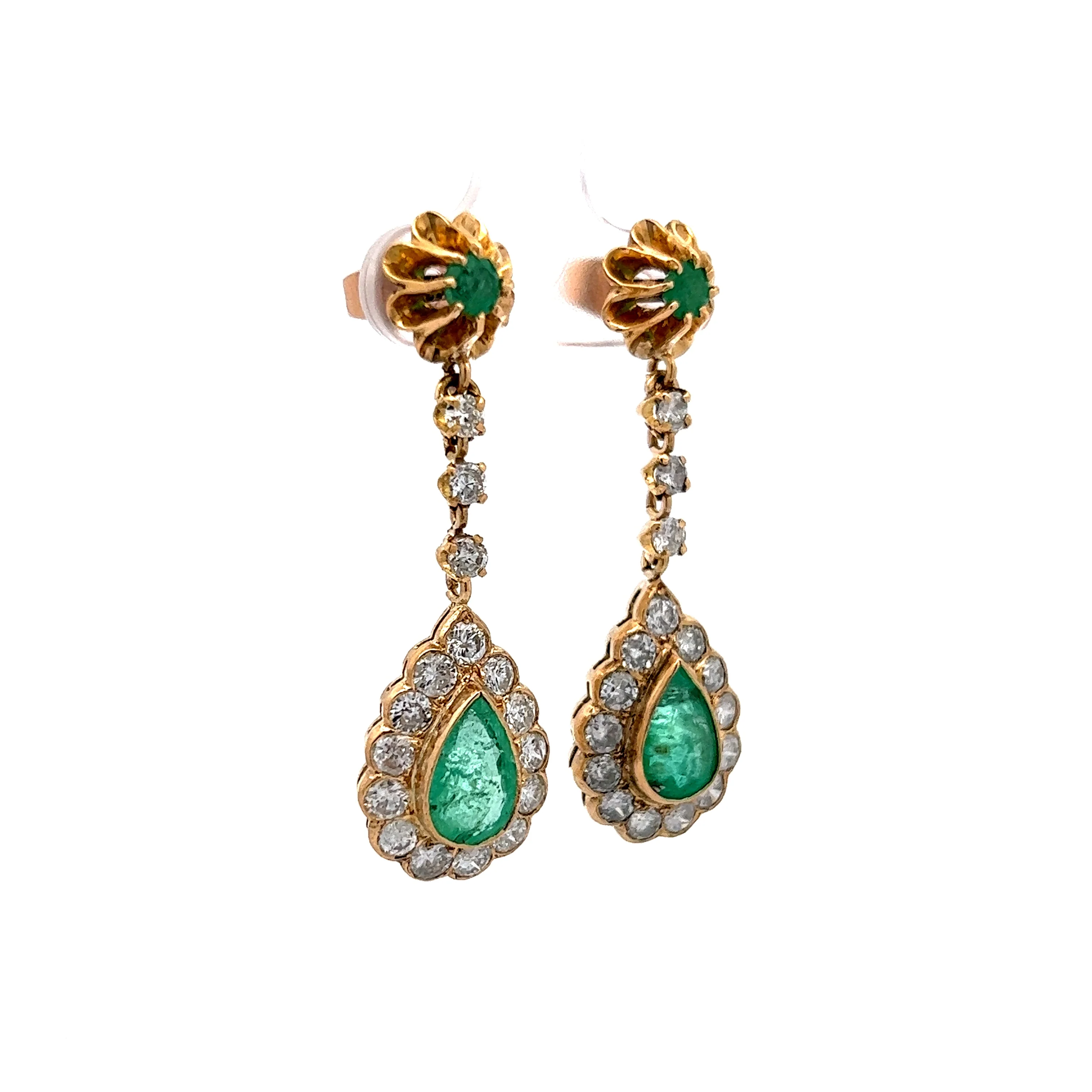 Vintage-Inspired Green Emerald & Diamond Drop Earrings in 14K Yellow Gold - Image 3