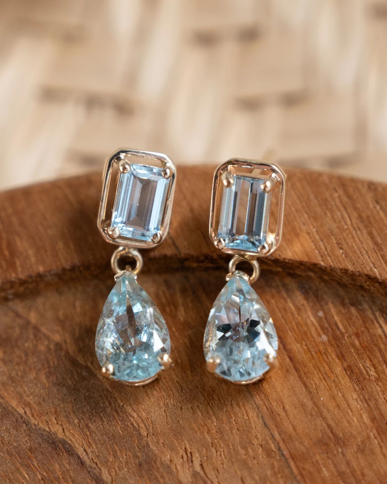 2.86 Pear & Emerald Cut Aquamarine Dangle Earrings 14k - Image 4