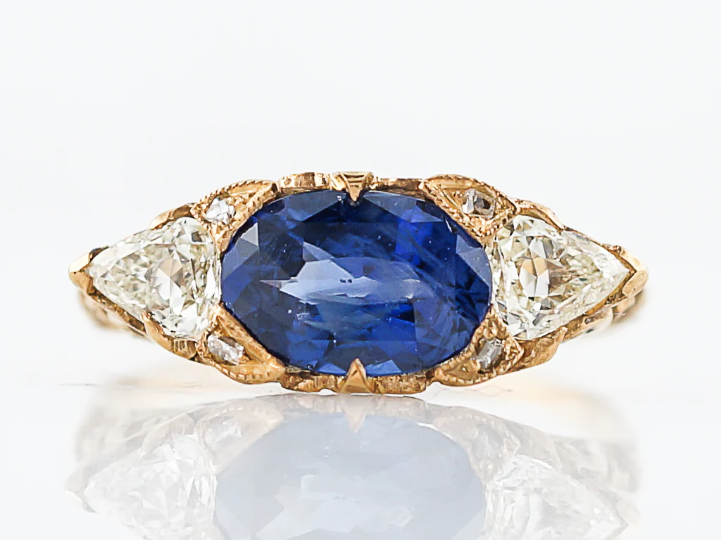 2 Carat Blue Sapphire Ring w/Trilliant Cut Diamonds