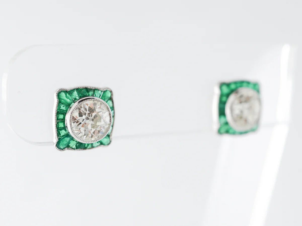 2 Carat European Cut Diamond Earrings w/ Emerald Accents Platinum - Image 2