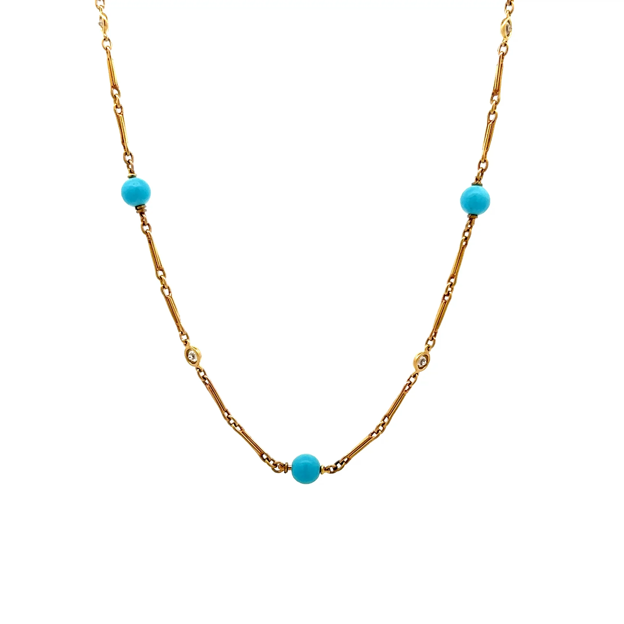 22 Inch Turquoise & Diamond Necklace in 18k Yellow Gold