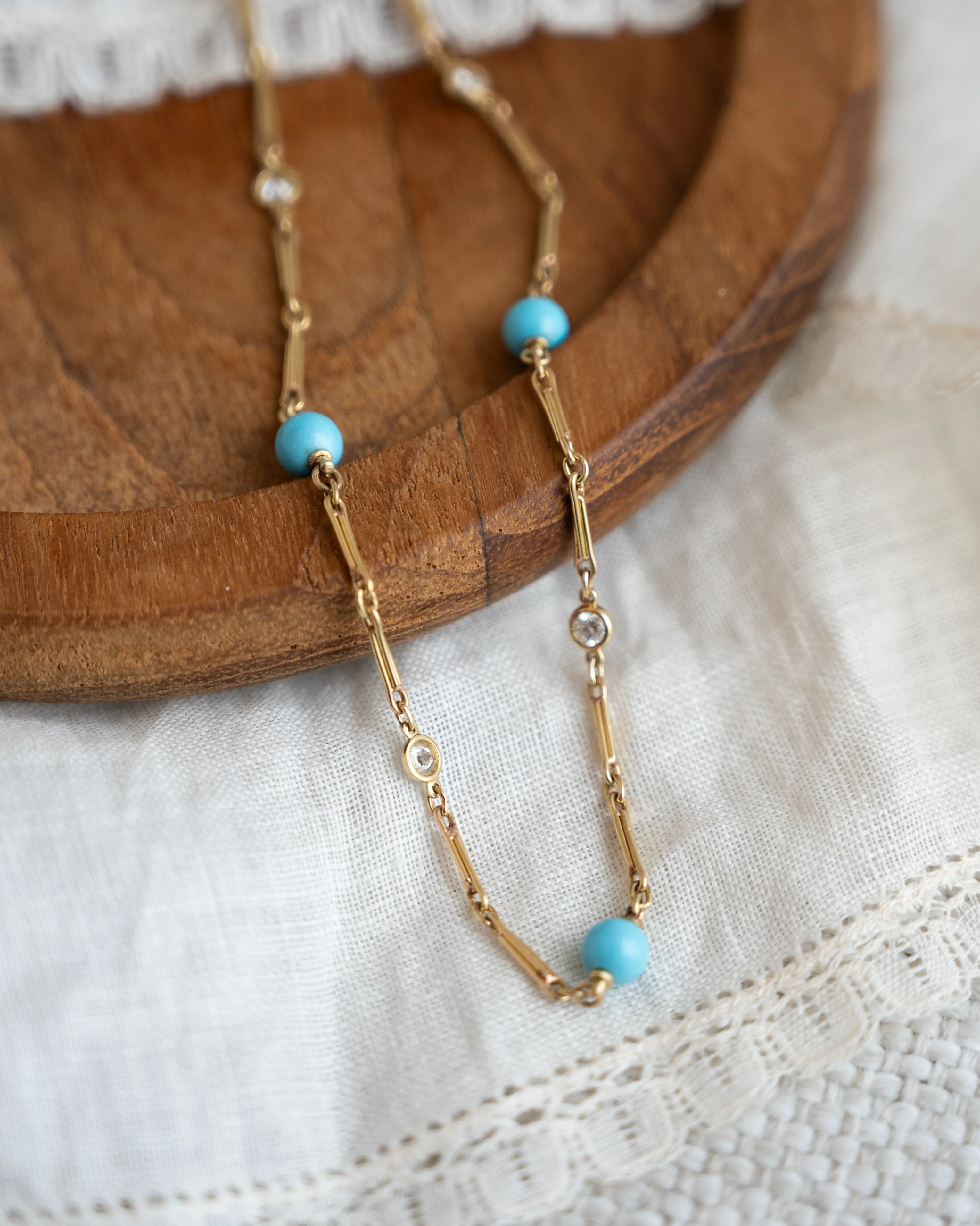 22 Inch Turquoise & Diamond Necklace in 18k Yellow Gold - Image 2