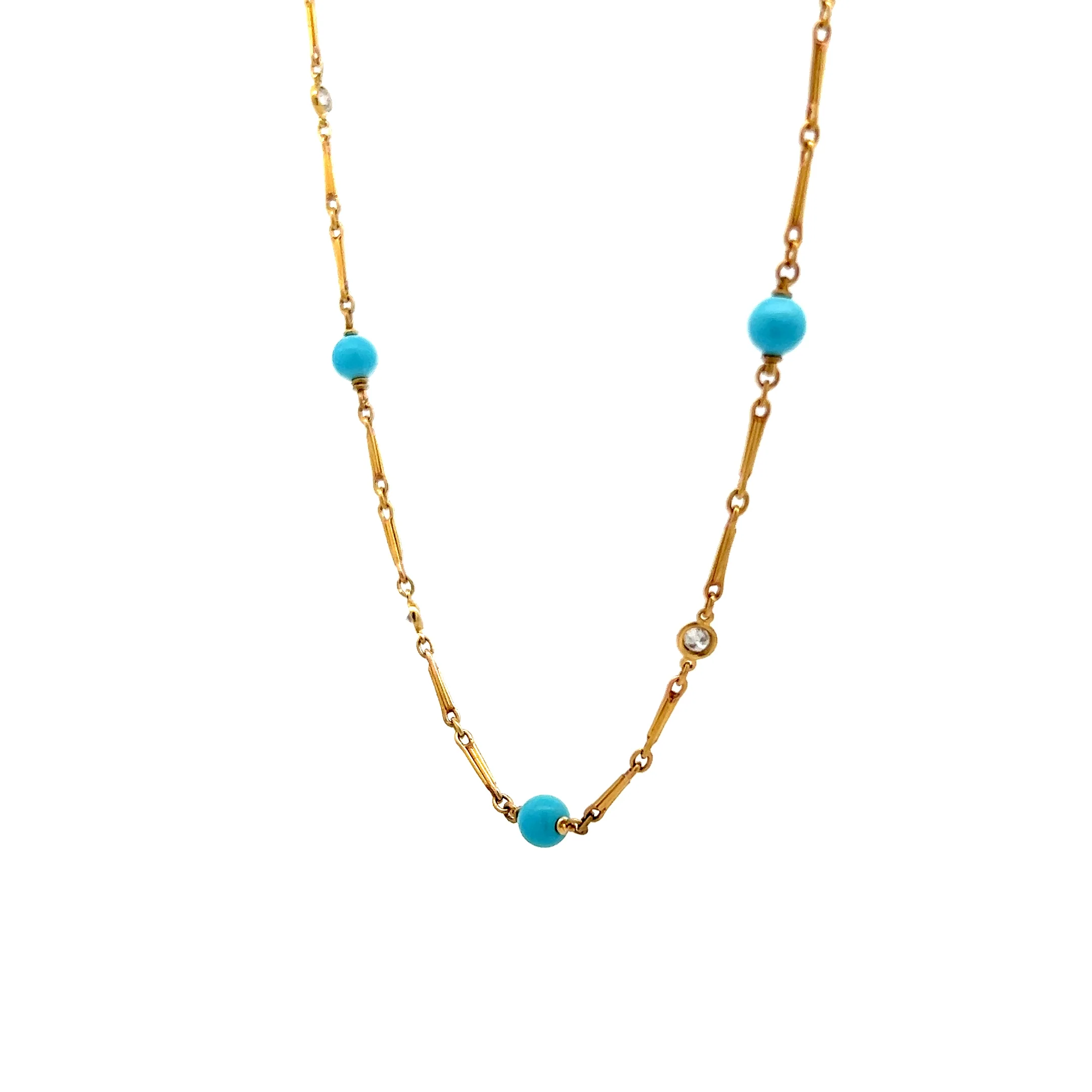22 Inch Turquoise & Diamond Necklace in 18k Yellow Gold - Image 3