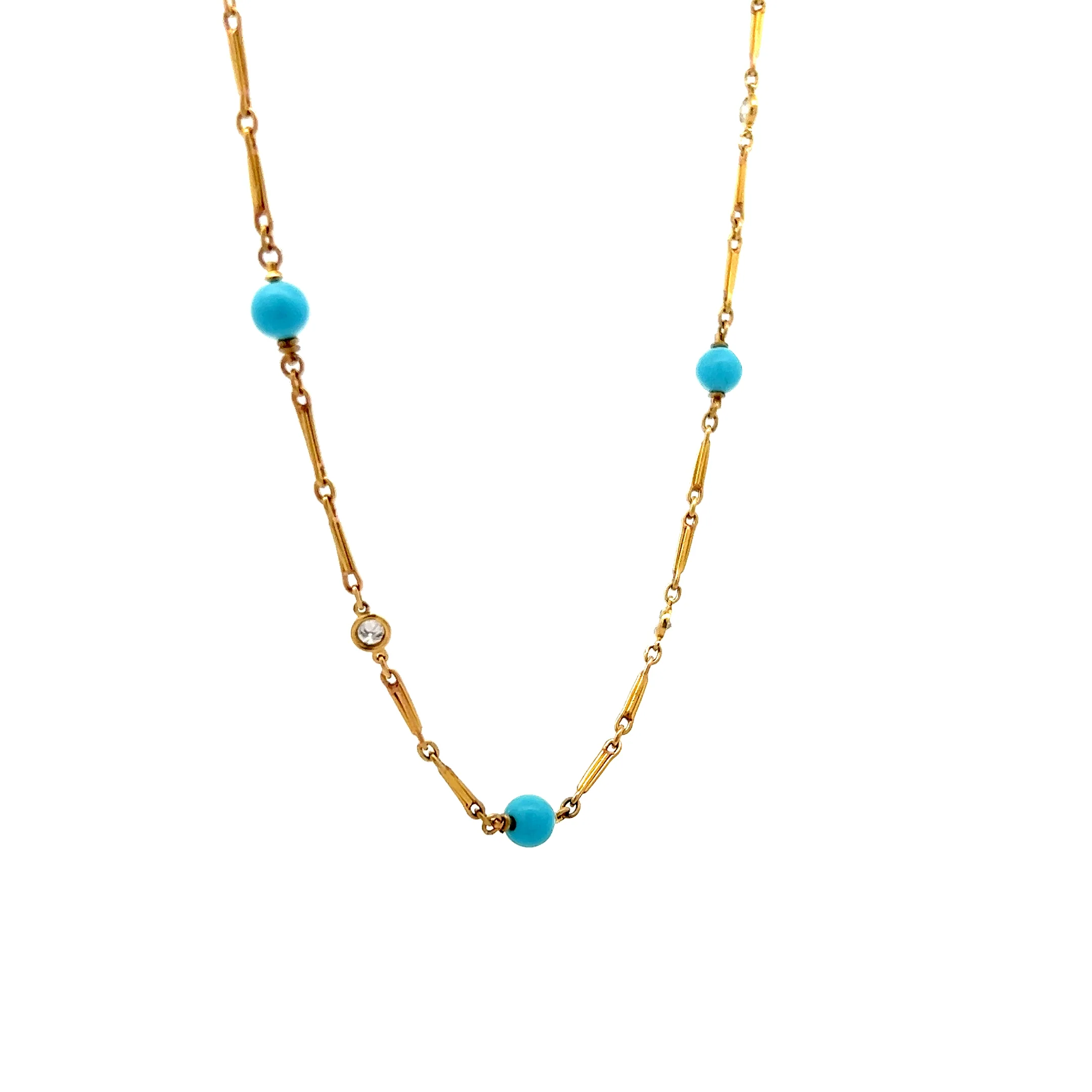 22 Inch Turquoise & Diamond Necklace in 18k Yellow Gold - Image 4