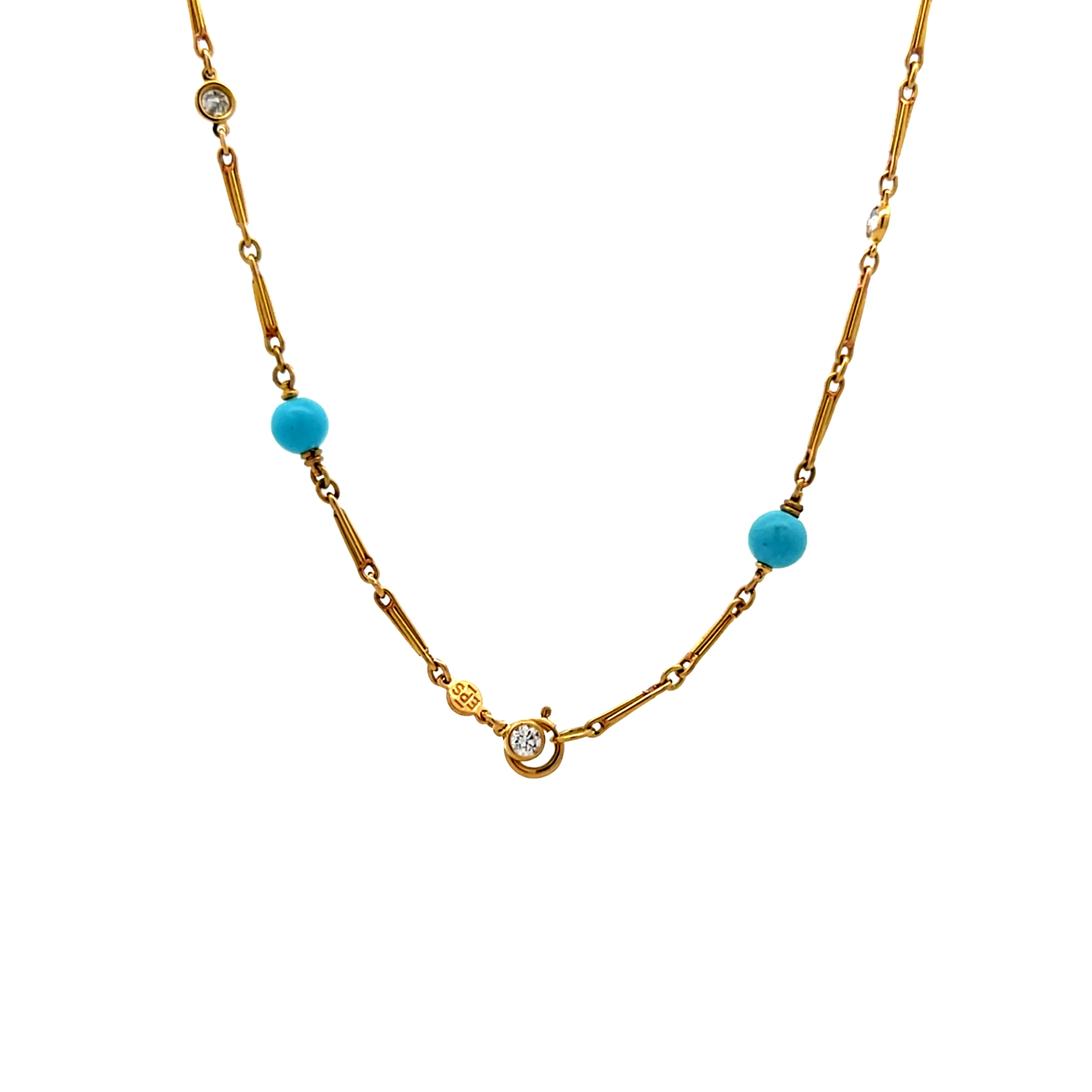 22 Inch Turquoise & Diamond Necklace in 18k Yellow Gold - Image 5