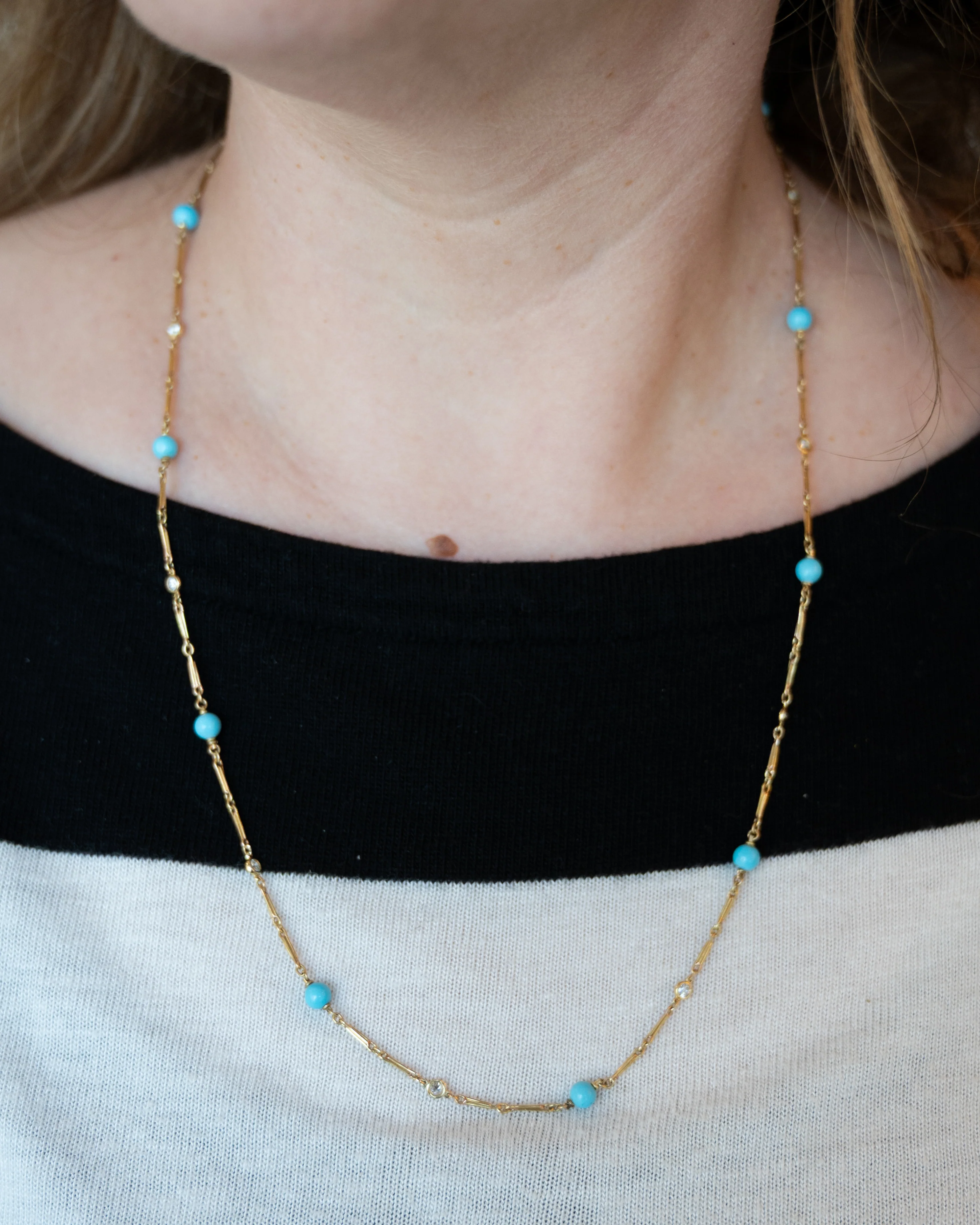 22 Inch Turquoise & Diamond Necklace in 18k Yellow Gold - Image 6