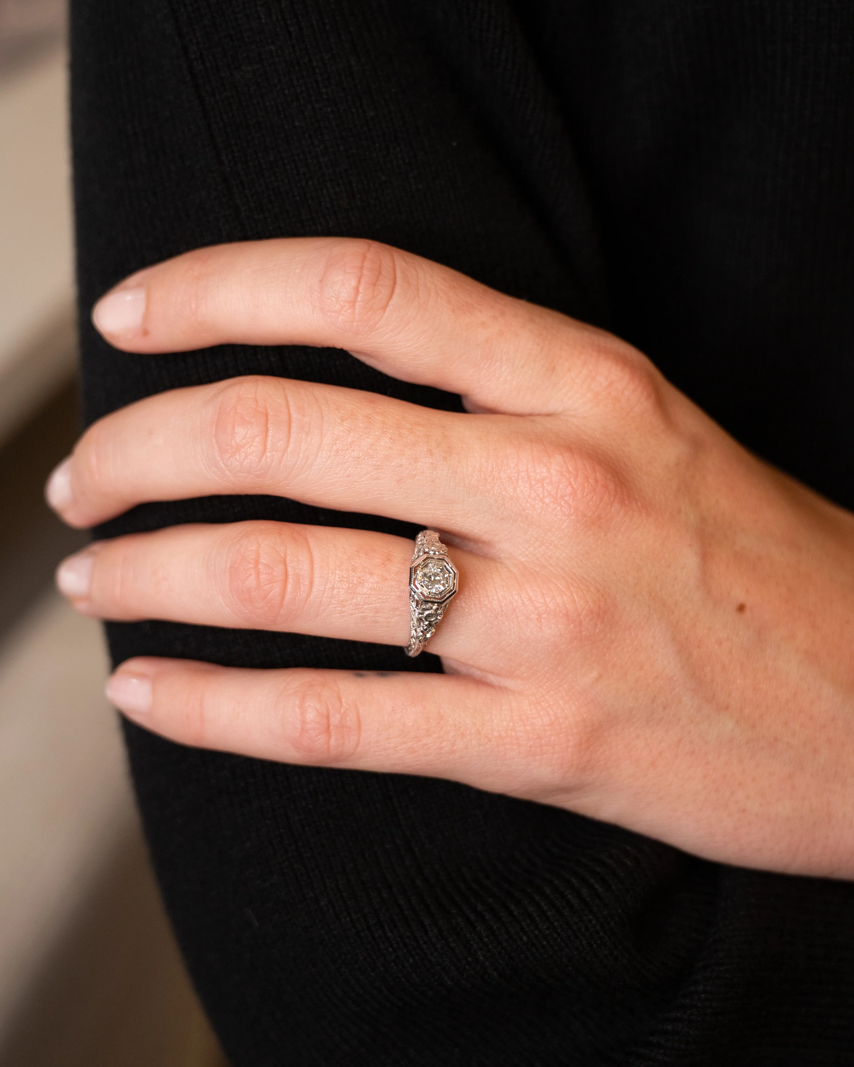 .25 Vintage Deco Diamond Filigree Engagement Ring 18k - Image 7