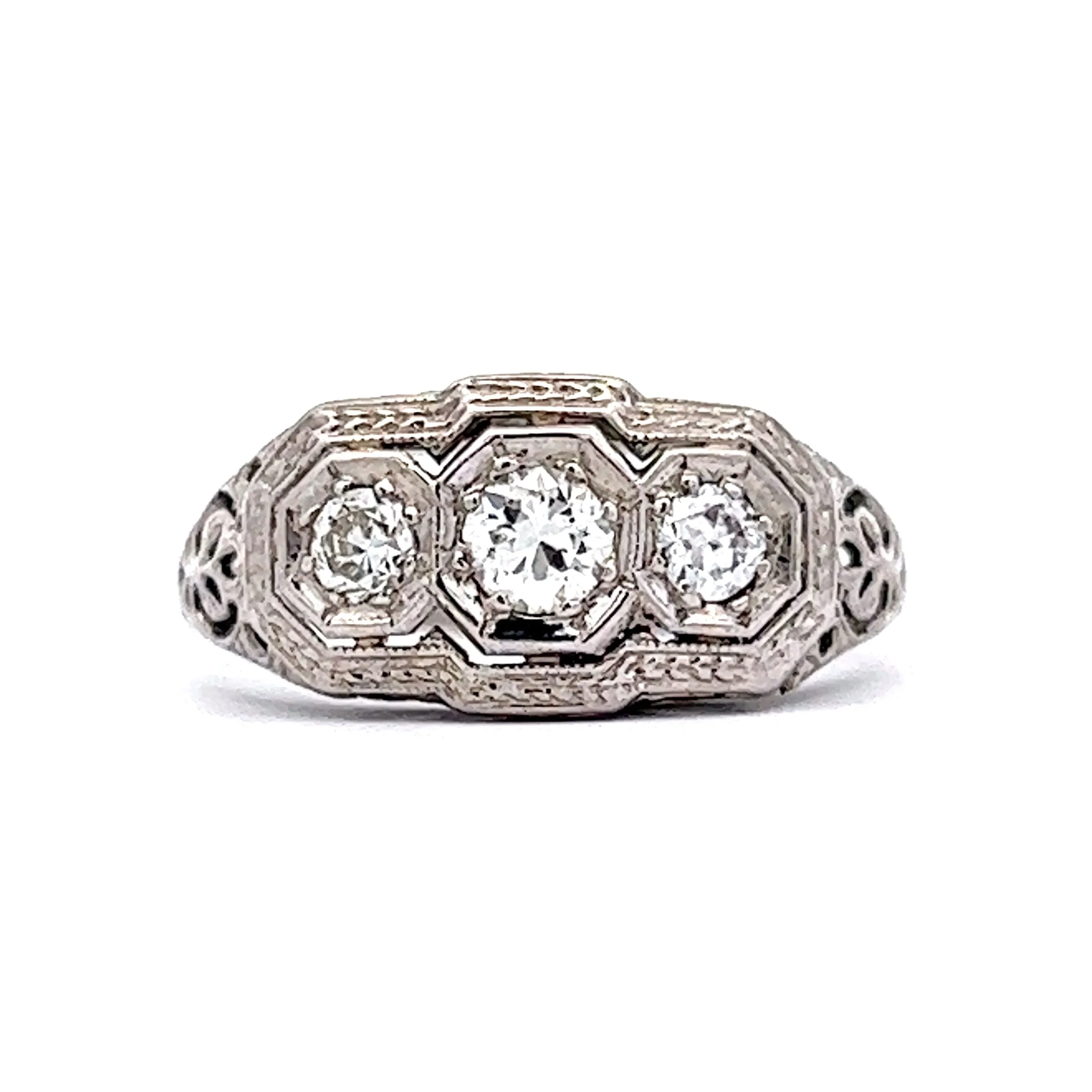 Vintage Old European Three Stone Engagement Ring in 18k White Gold