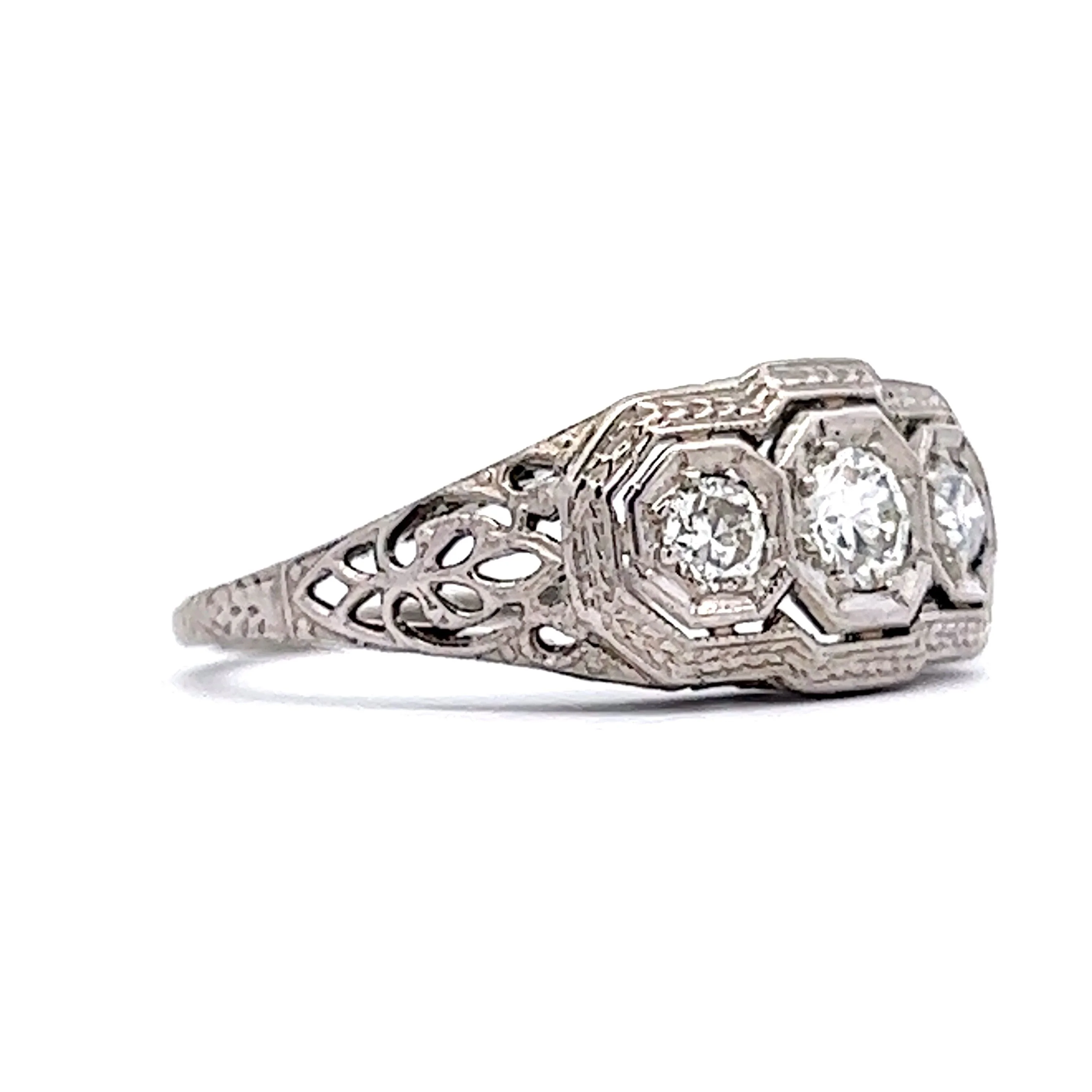 Vintage Old European Three Stone Engagement Ring in 18k White Gold - Image 3