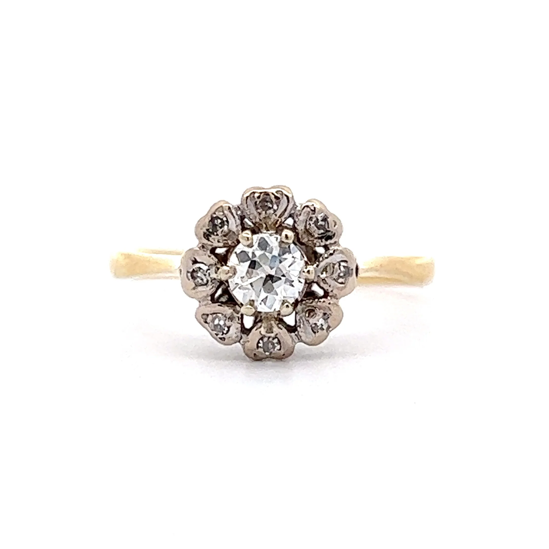 Vintage Mid-Century Cluster Diamond Engagement Ring in 14k Yellow & White Gold