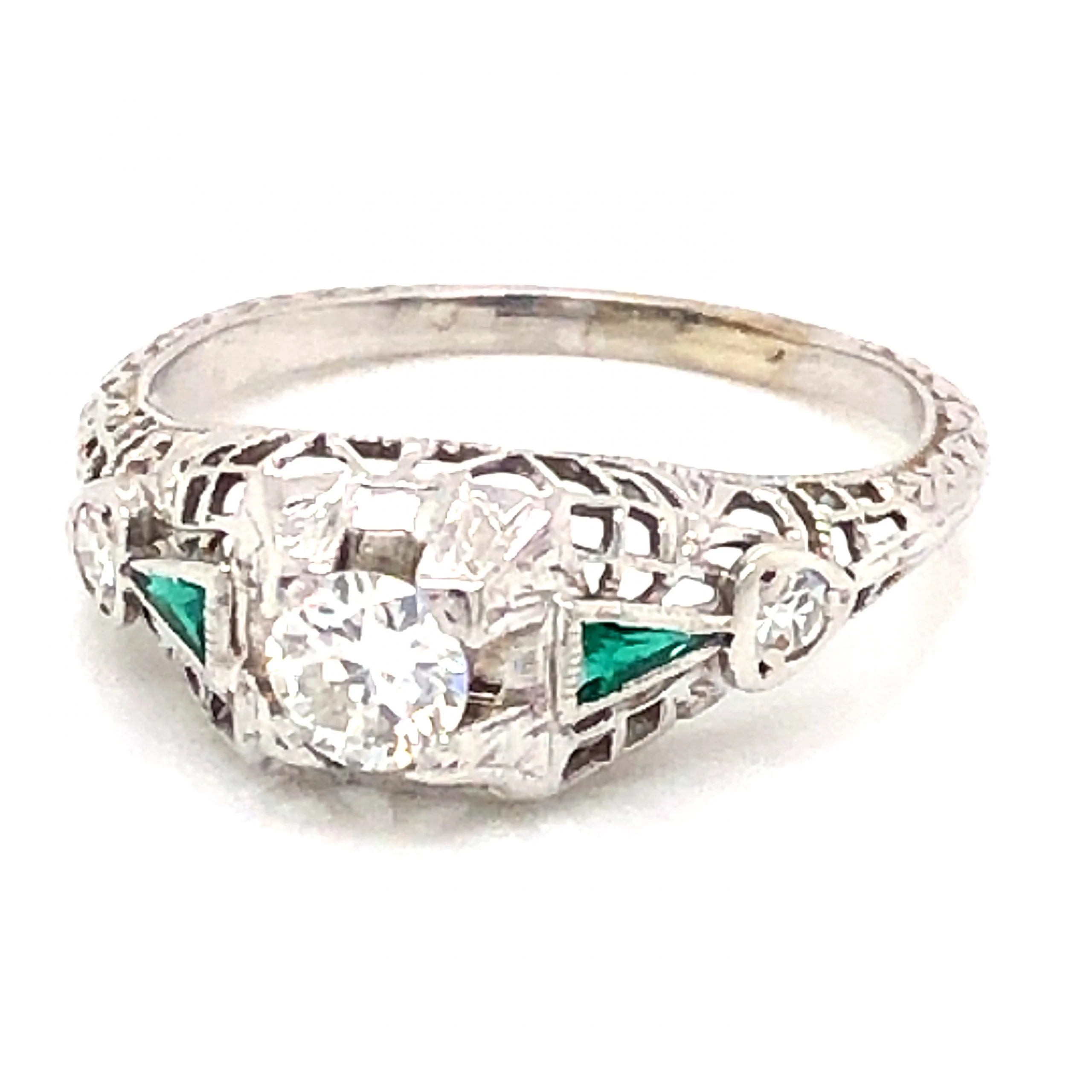 .27 Art Deco Diamond & Emerald Engagement Ring in 18k White Gold - Image 2