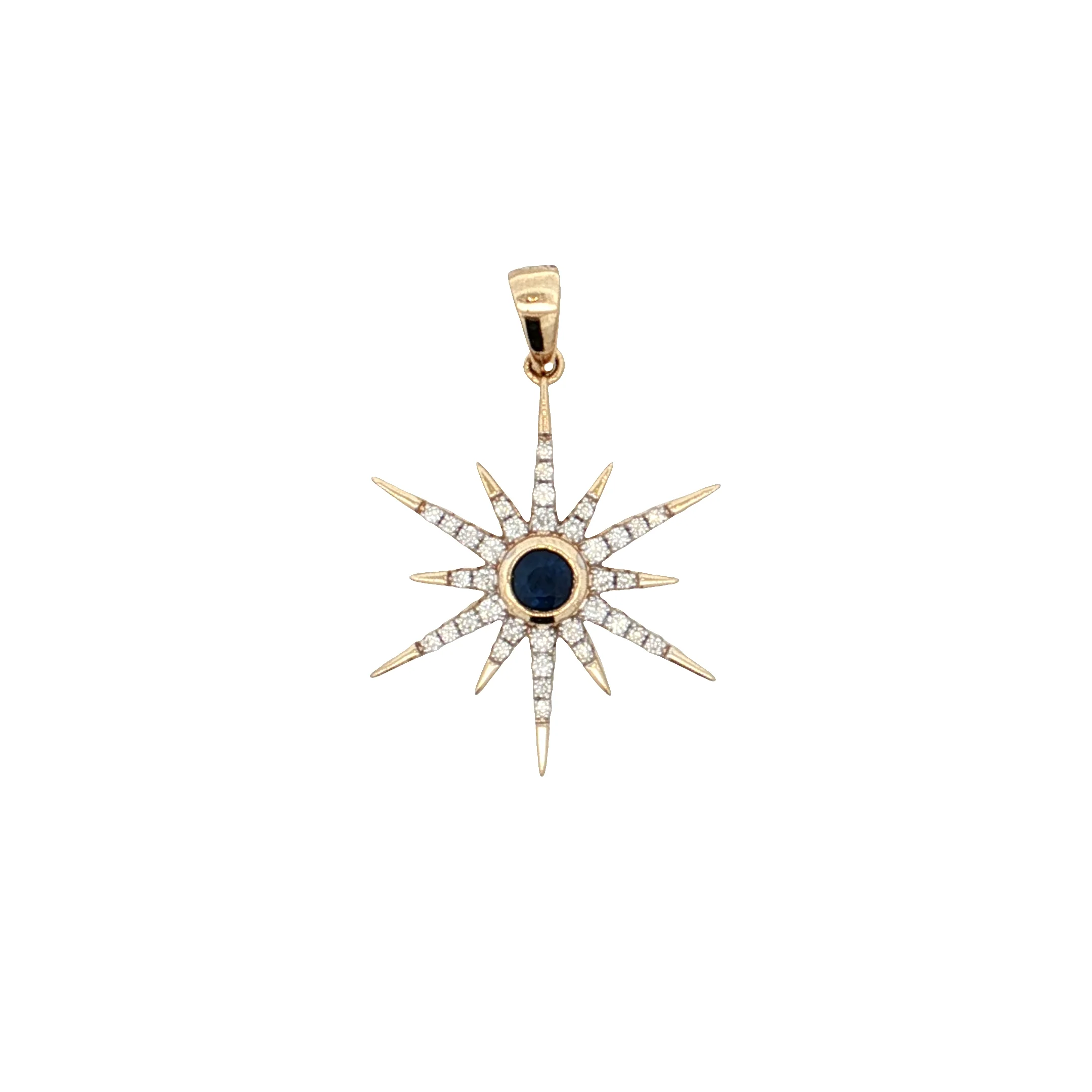 .29 Blue Sapphire Starburst Pendant 14k Yellow Gold