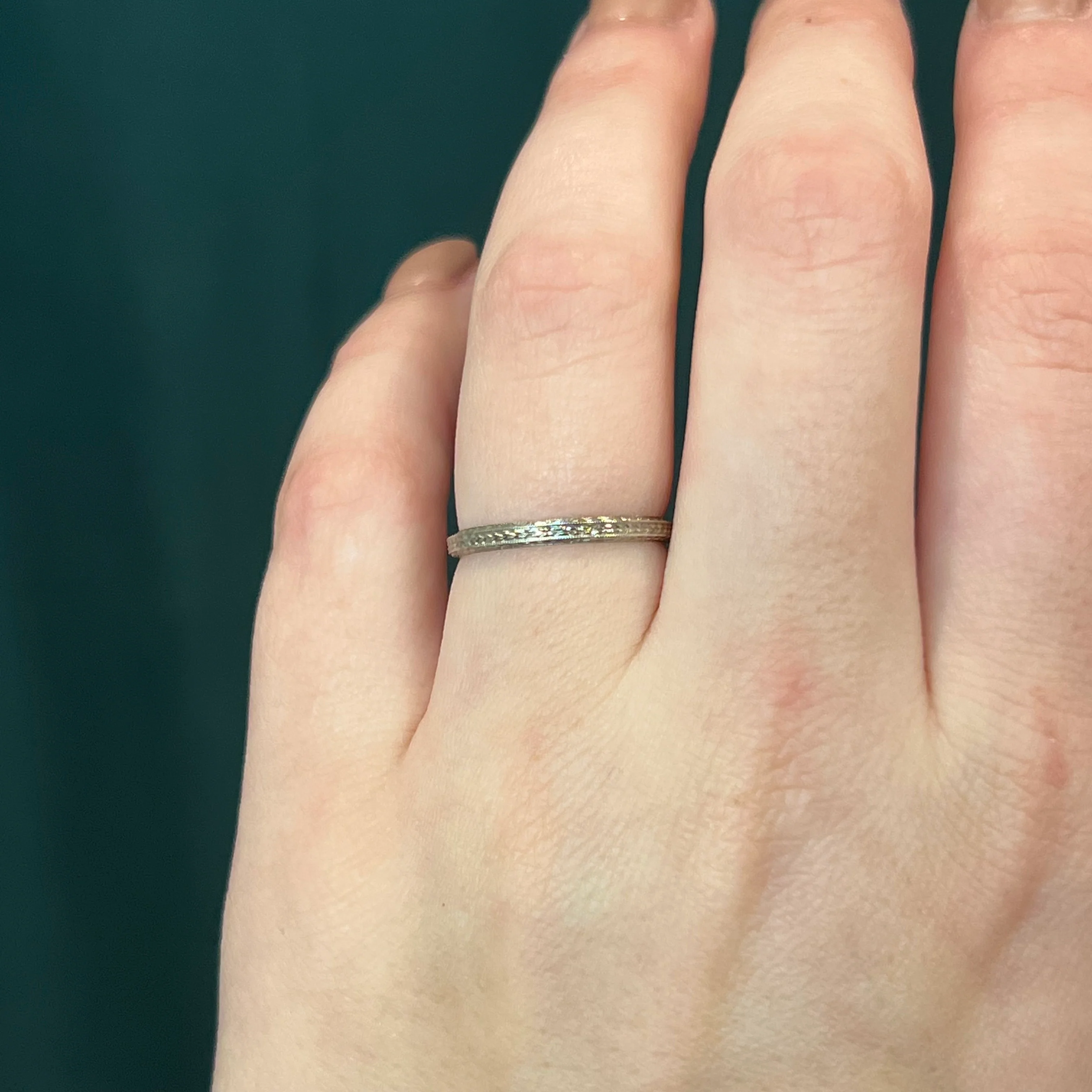 2mm Engraved Art Deco Wedding Band in 18k White Gold - Image 6