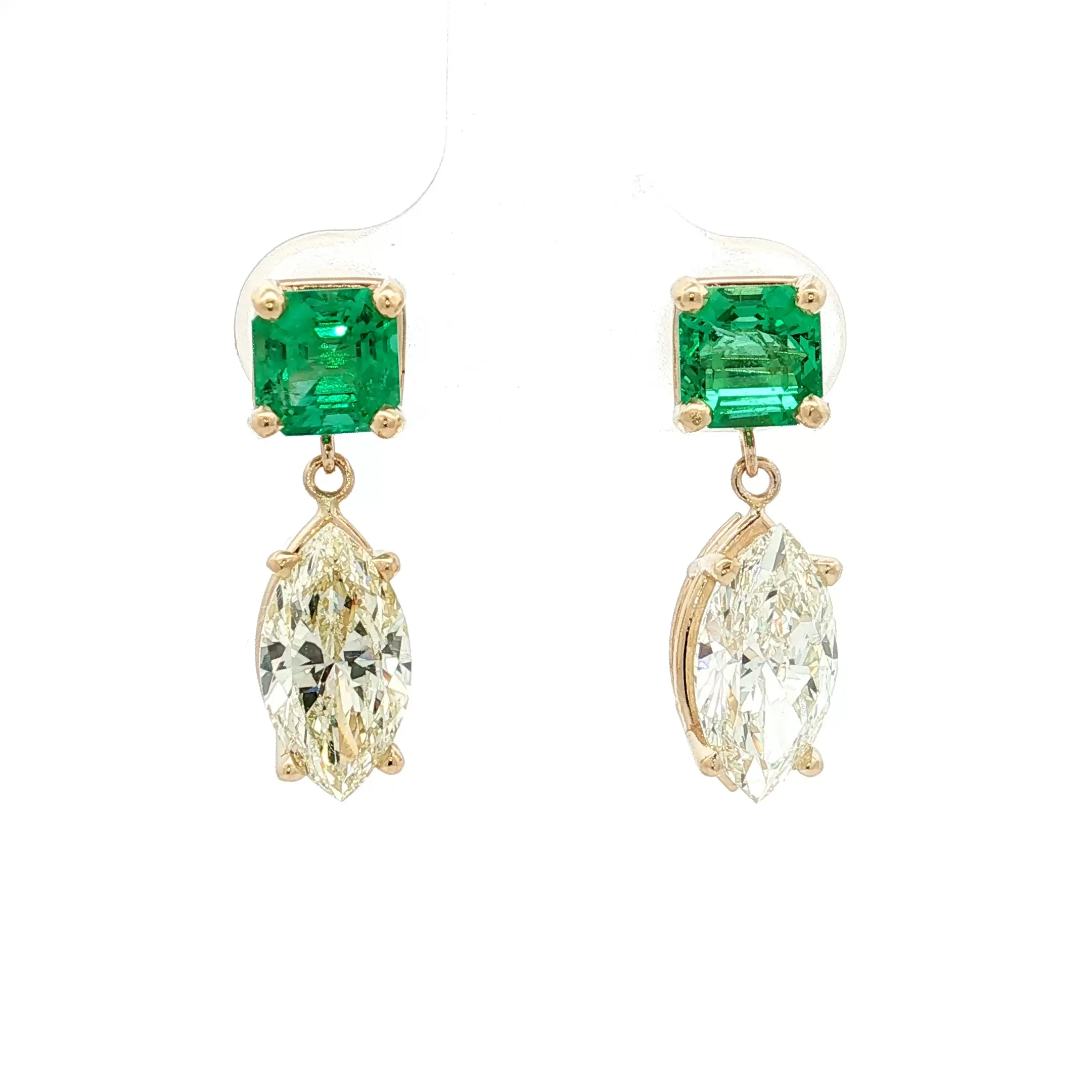 3.02 Marquise & Emerald Drop Earrings in 14k Yellow Gold