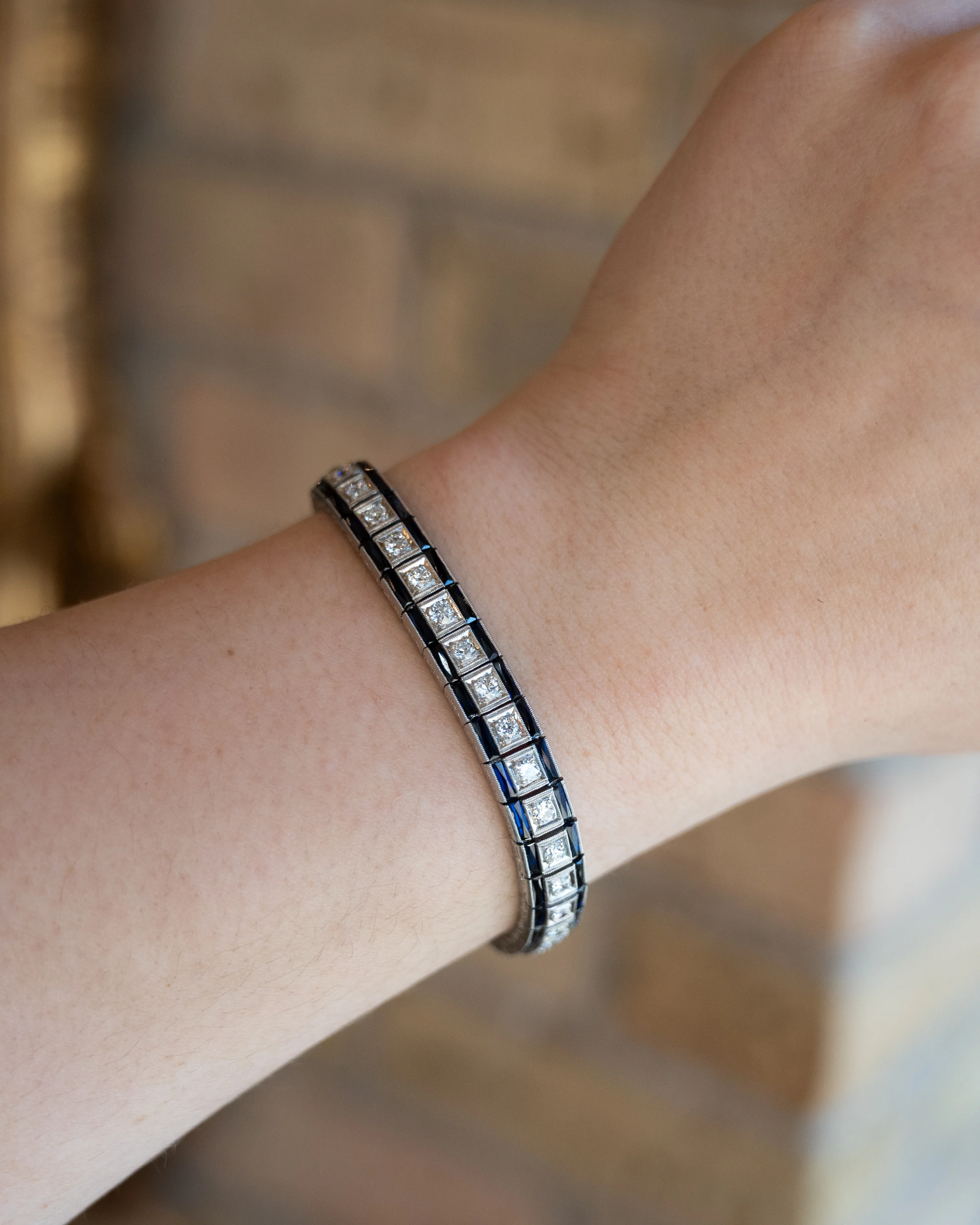 3.09 Antique Deco Diamond & Sapphire Bracelet in Platinum - Image 6