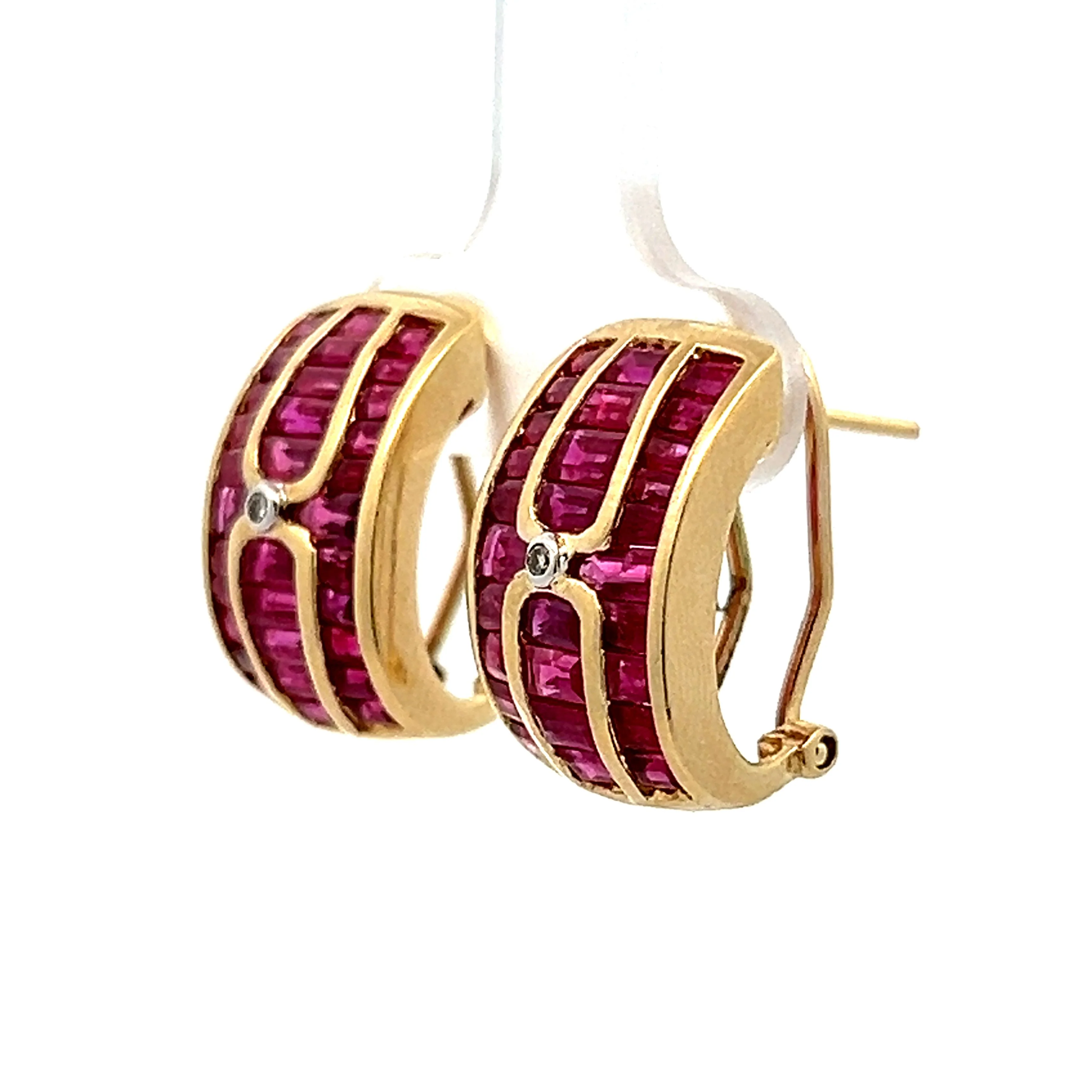 3.12 Ruby & Diamond Baguette Hoop Earrings in Yellow Gold - Image 2