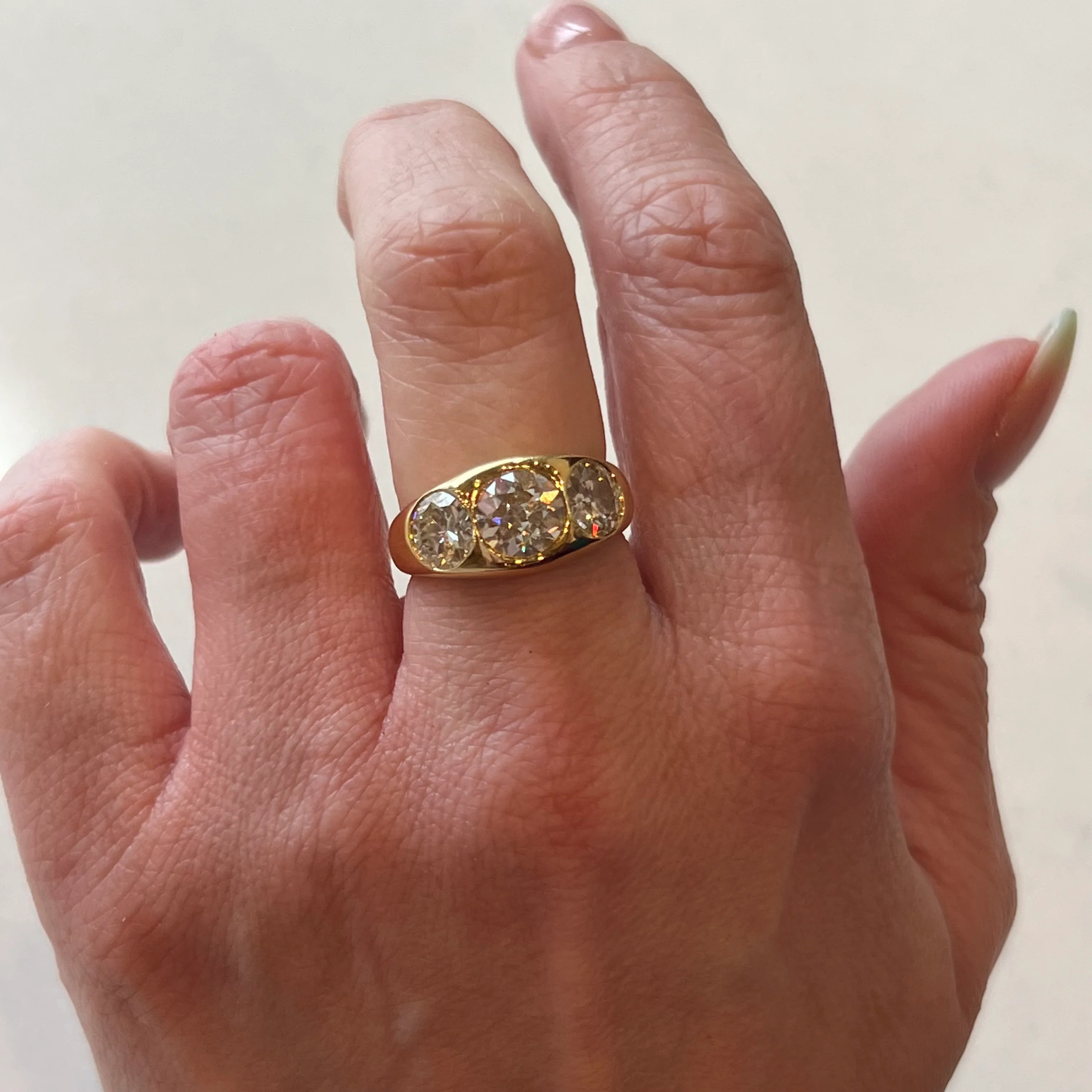 3.23 Three Stone Flush Set Diamond Cocktail Ring in 18k Yellow Gold - Image 6