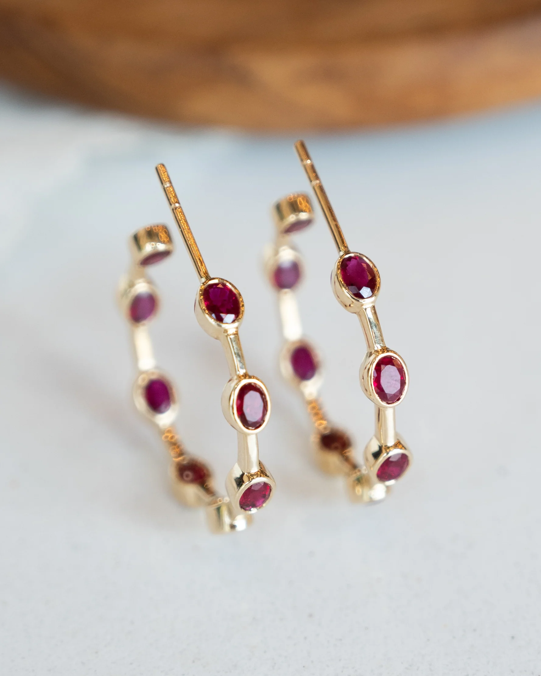 3.30 Oval Ruby Hoop Earrings in 14k Yellow Gold - Image 4