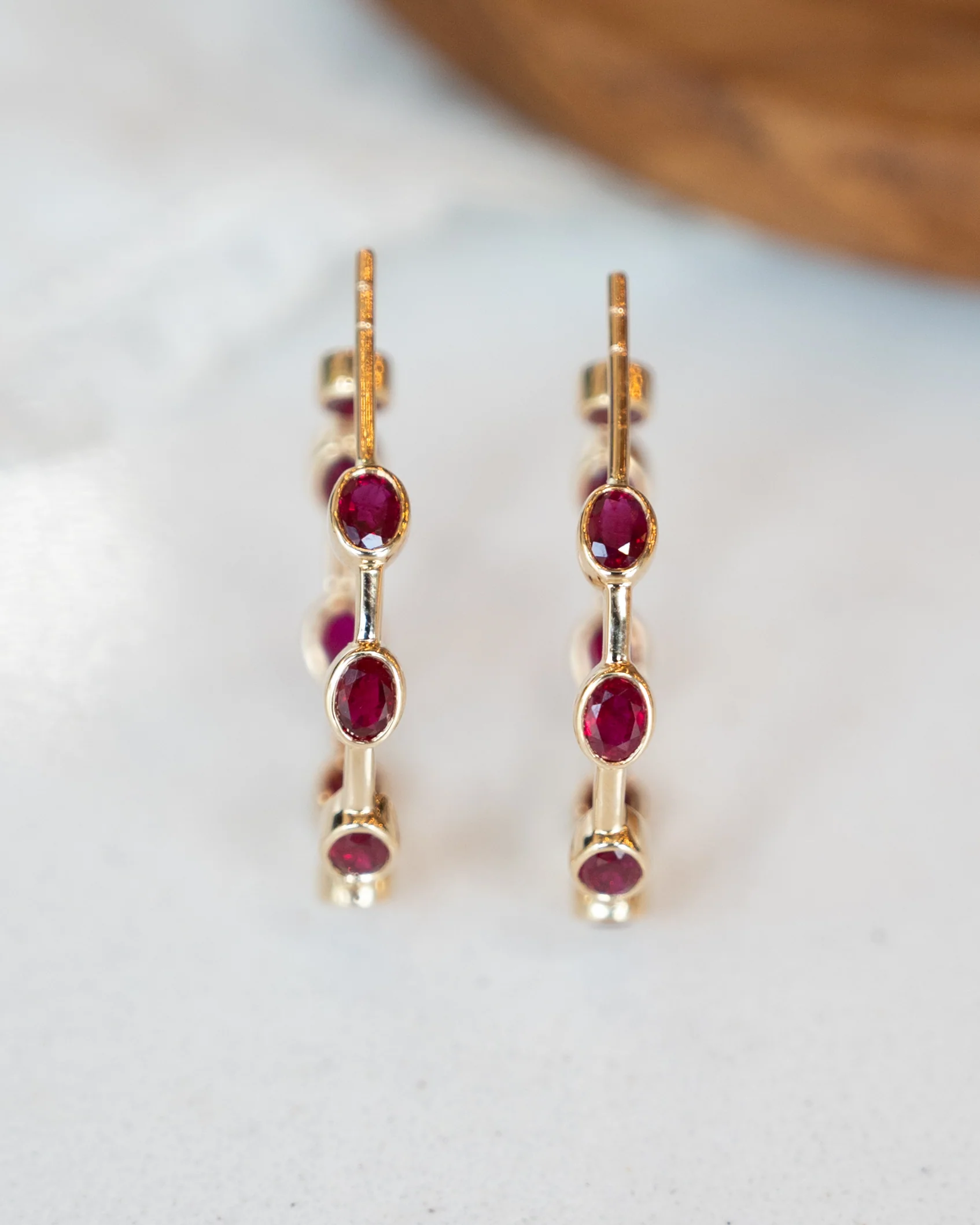 3.30 Oval Ruby Hoop Earrings in 14k Yellow Gold - Image 5