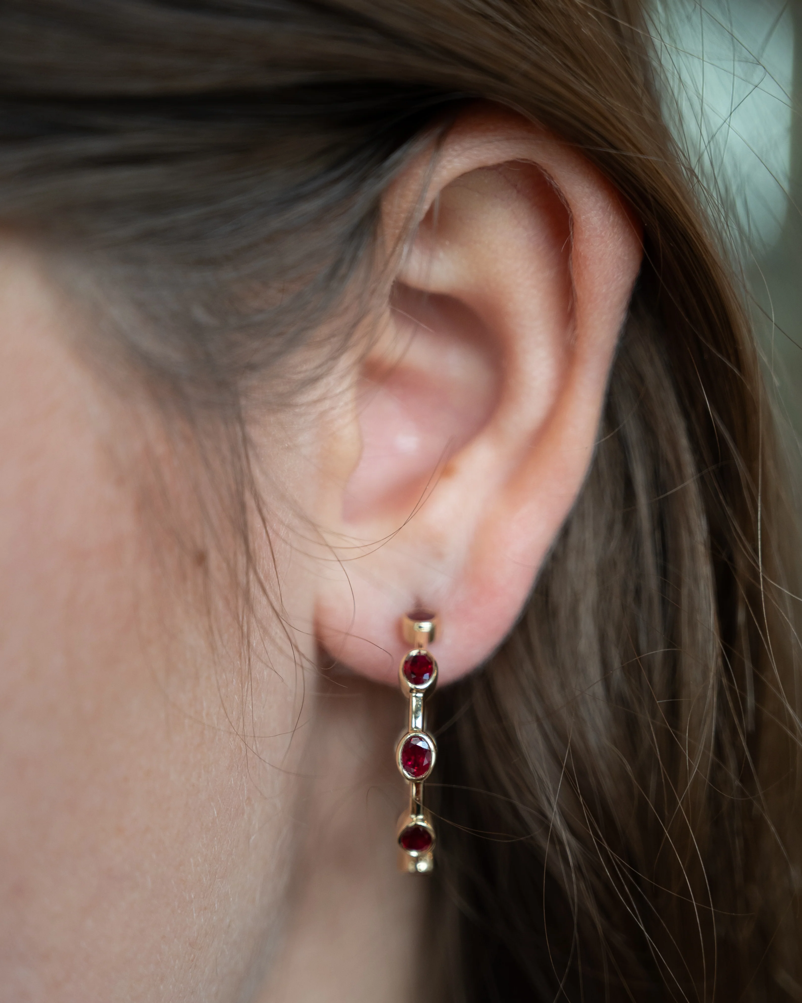 3.30 Oval Ruby Hoop Earrings in 14k Yellow Gold - Image 6