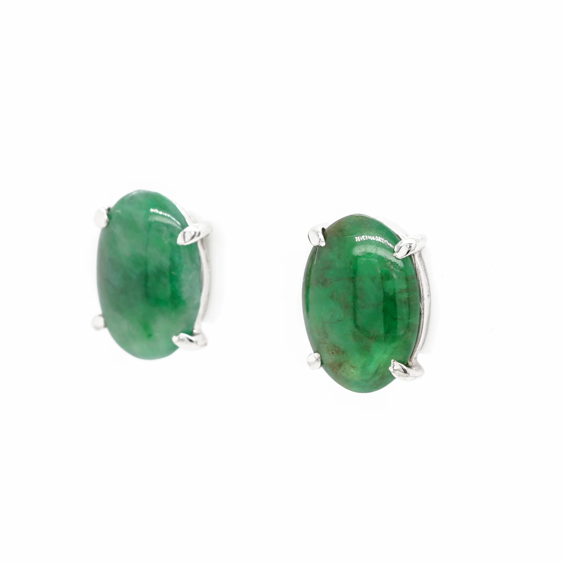 3.34 Cabochon Cut Jade Stud Earrings in 14k White Gold - Image 2