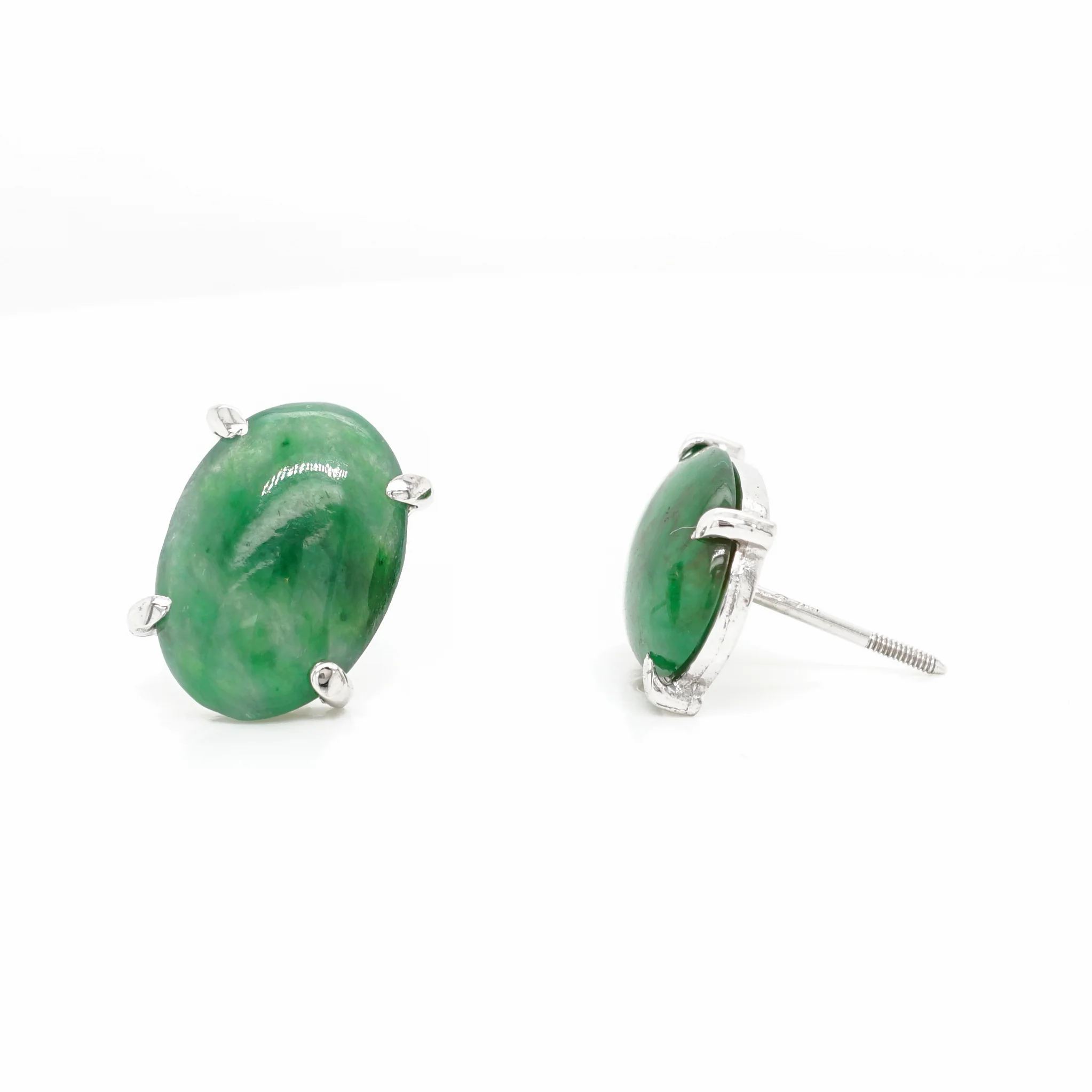 3.34 Cabochon Cut Jade Stud Earrings in 14k White Gold - Image 4