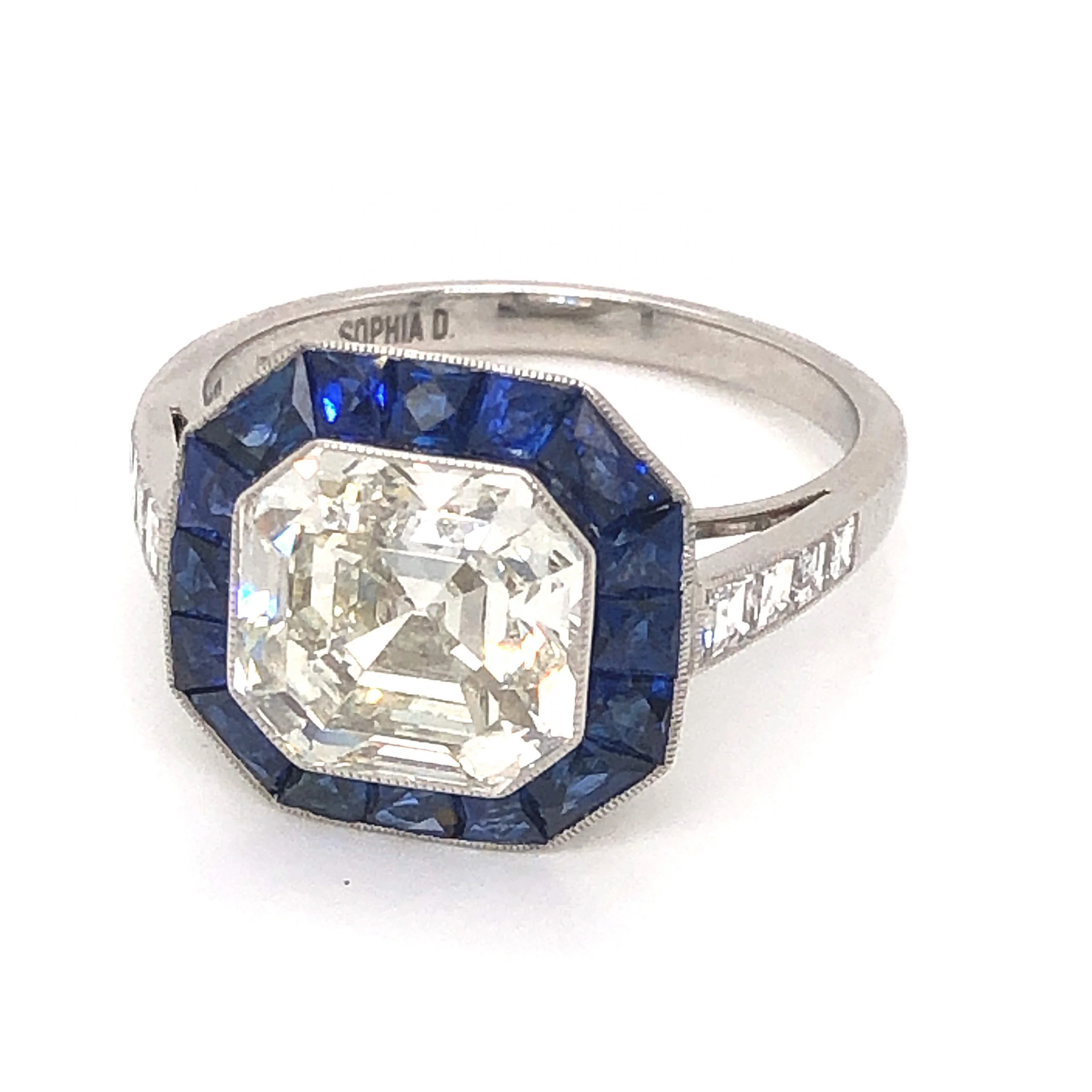 3.37 Asscher Cut Diamond & Sapphire Ring in Platinum - Image 2