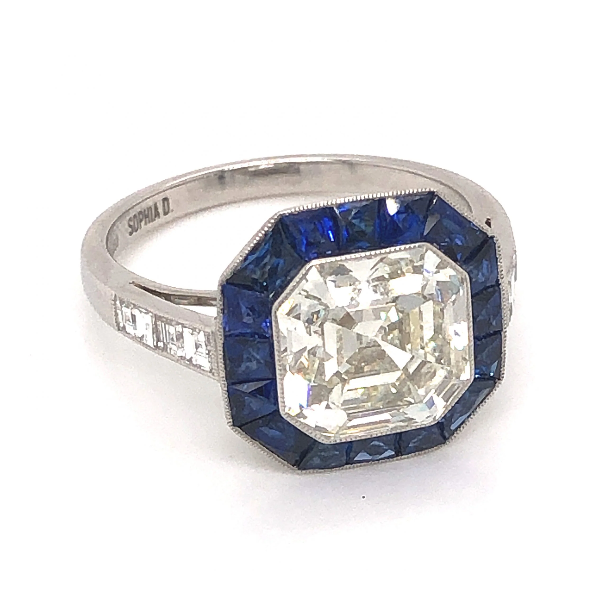 3.37 Asscher Cut Diamond & Sapphire Ring in Platinum - Image 3