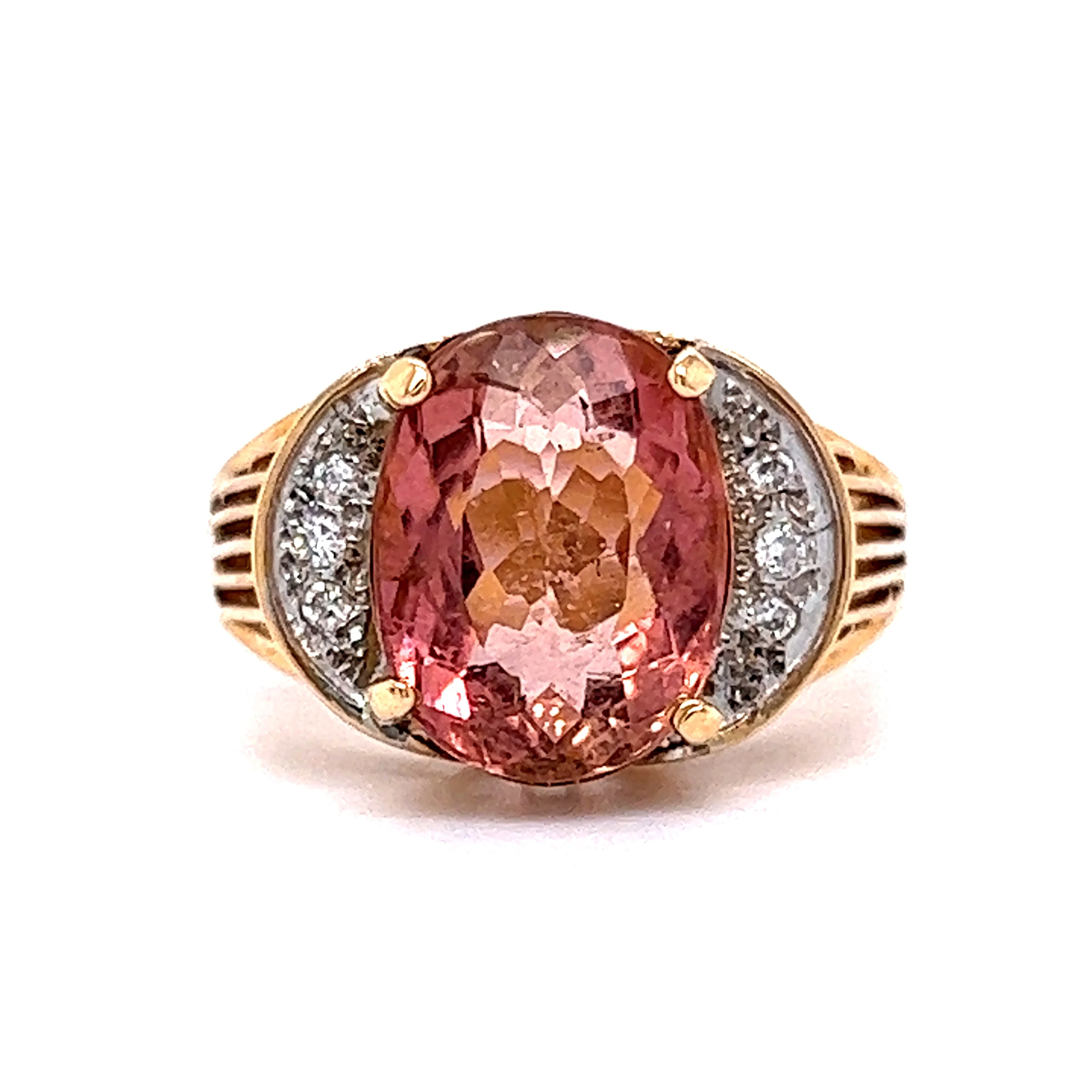 Vintage Pink Tourmaline & Diamond Cocktail Ring in 14k Yellow Gold