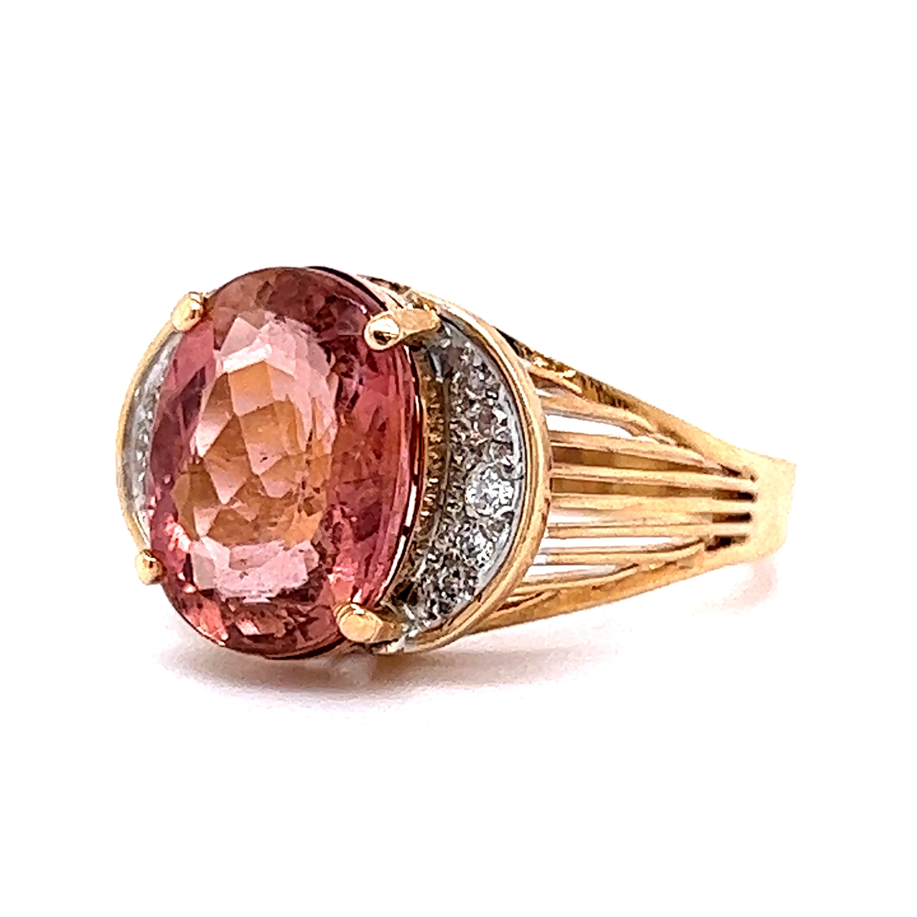 Vintage Pink Tourmaline & Diamond Cocktail Ring in 14k Yellow Gold - Image 2