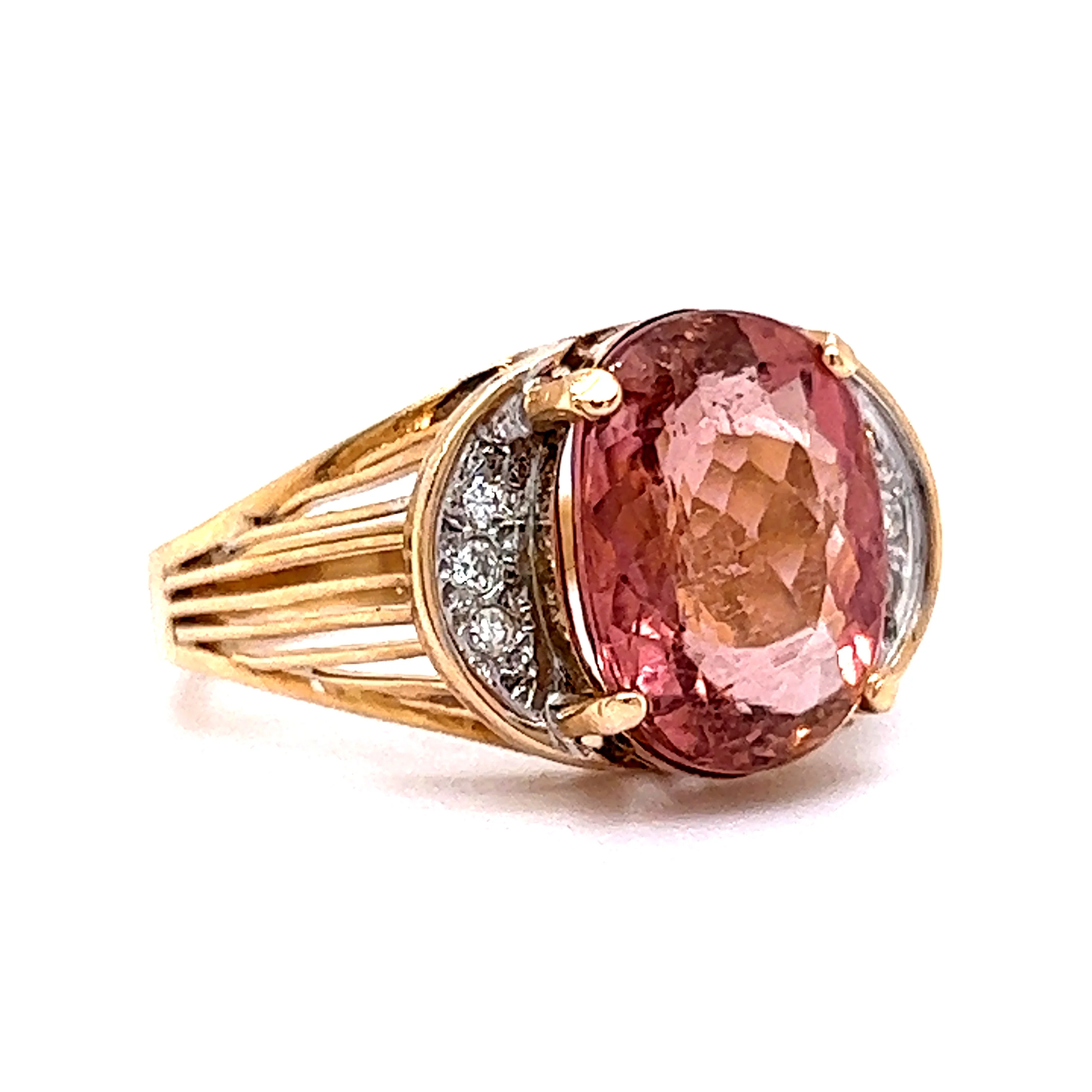Vintage Pink Tourmaline & Diamond Cocktail Ring in 14k Yellow Gold - Image 3